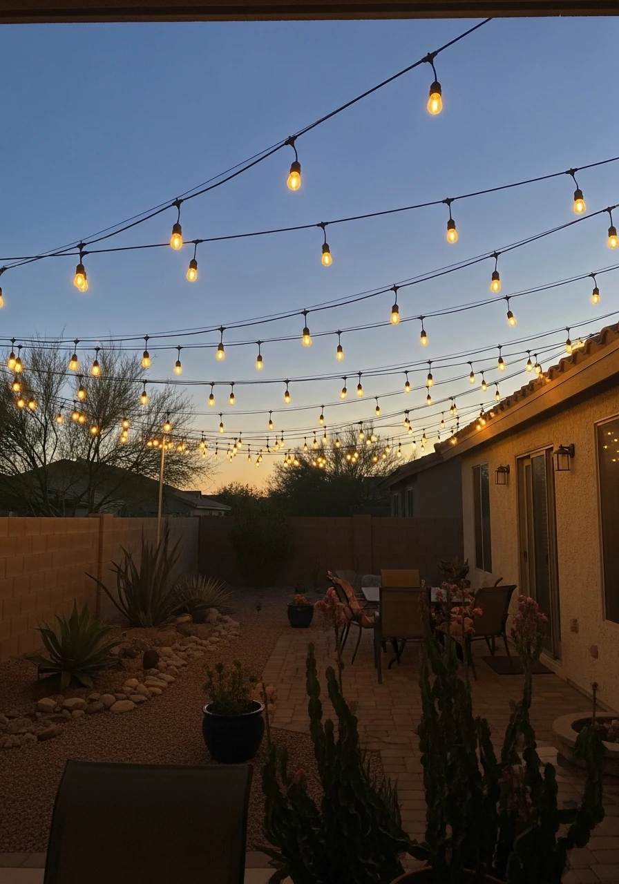Hang Weatherproof String Lights - 40 Arizona Backyard Ideas That Beat the Heat on a Budget