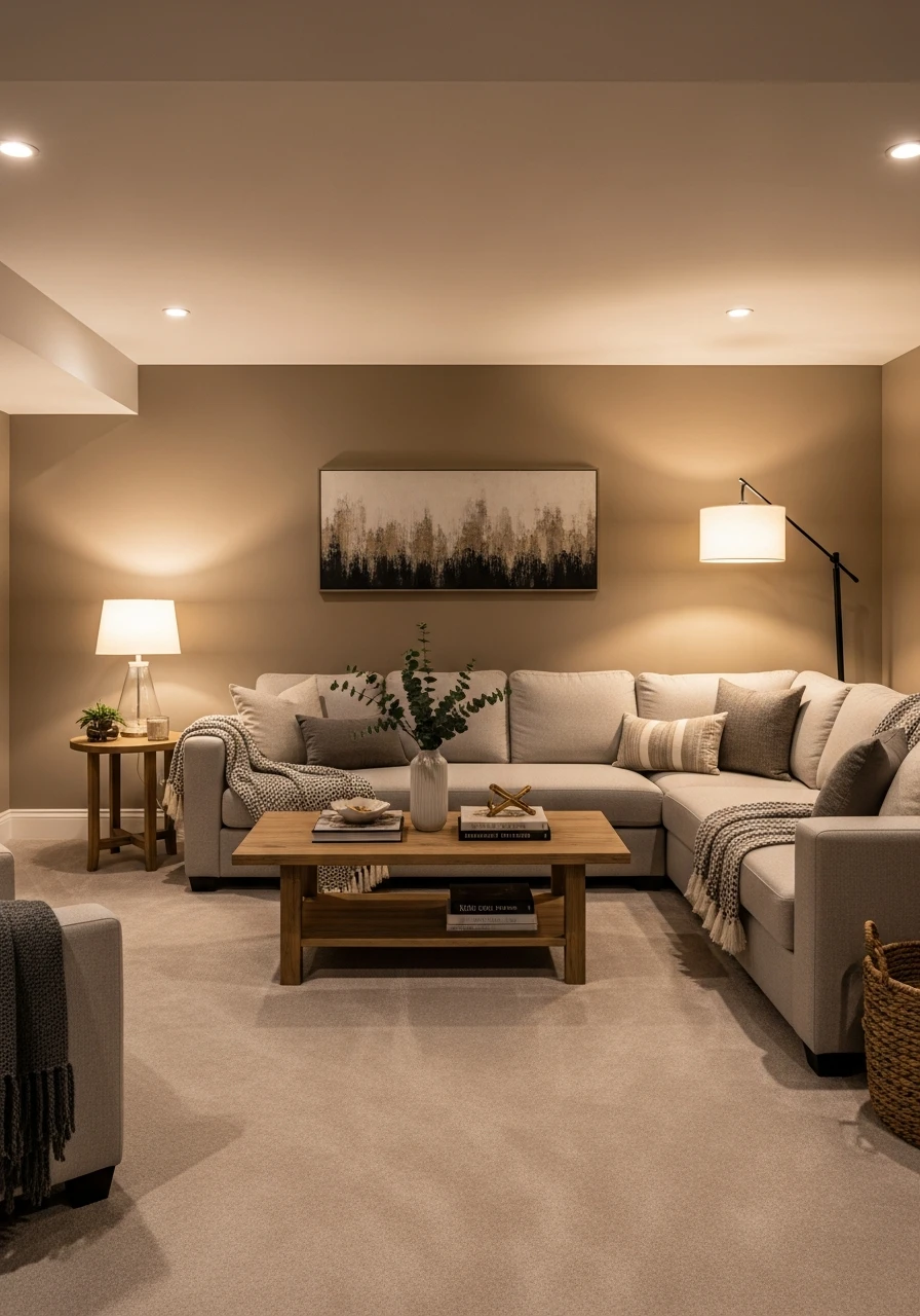 Warm Taupe Inviting Basement Design