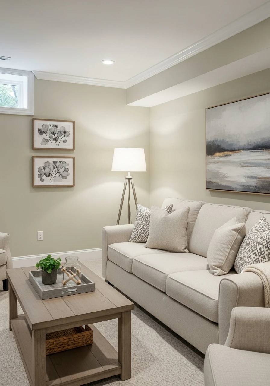 Pale Greige Light Basement Walls