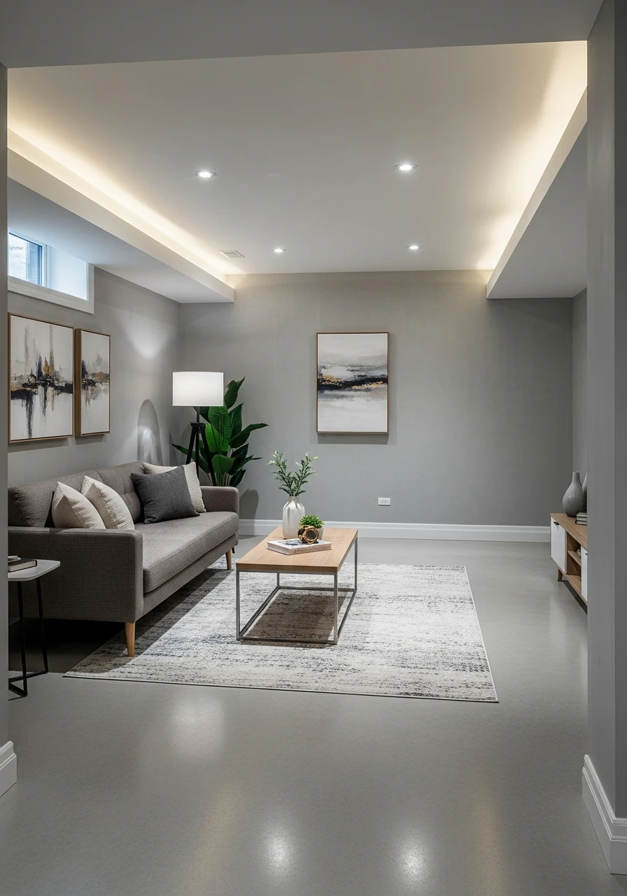 Light Concrete Modern Basement Walls