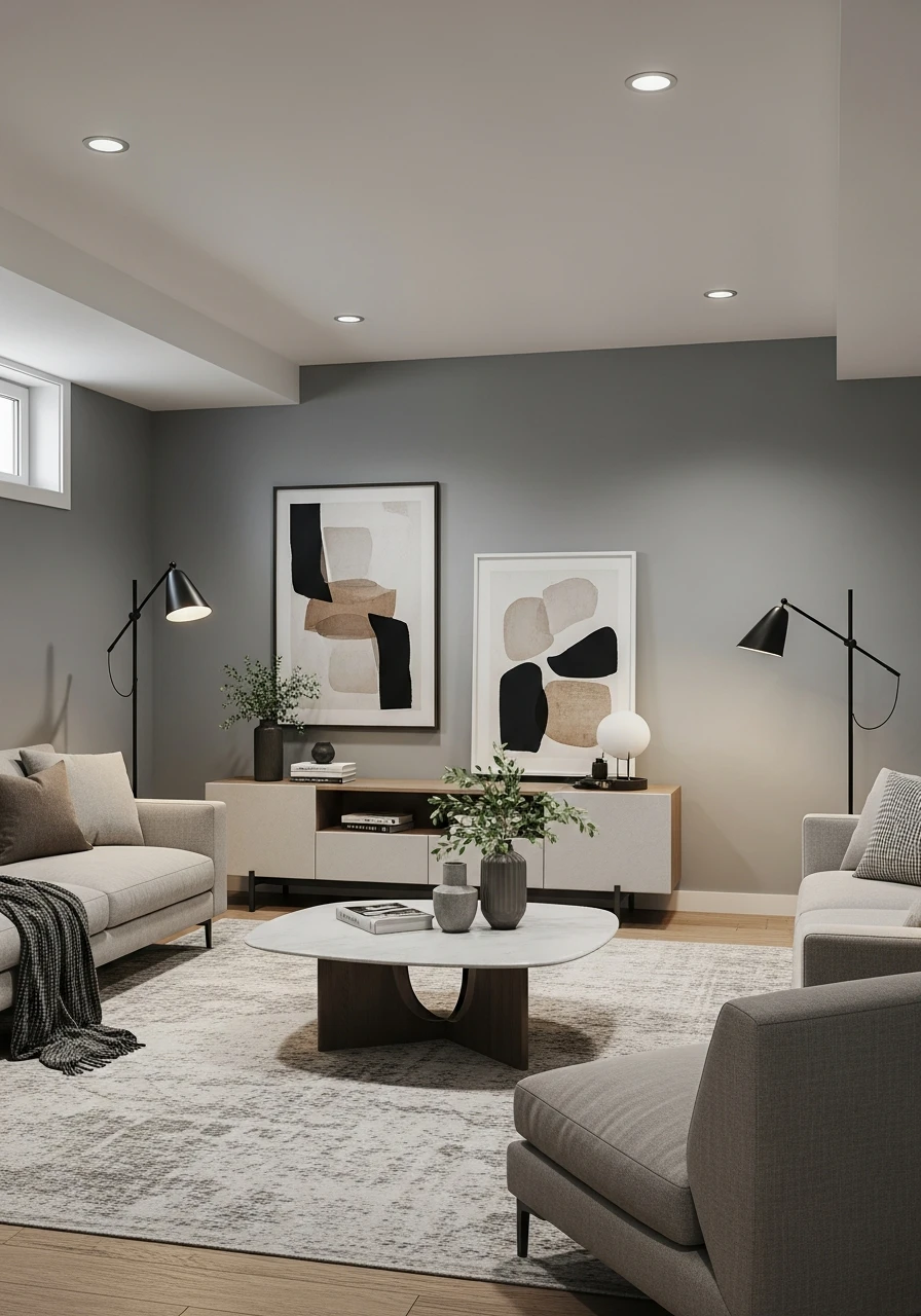 Cool Ash Gray Contemporary Basement