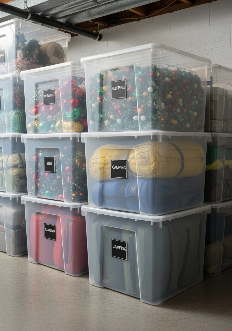Clear Stackable Plastic Bins - 45 Genius Basement Storage Ideas to Tidy Your Space