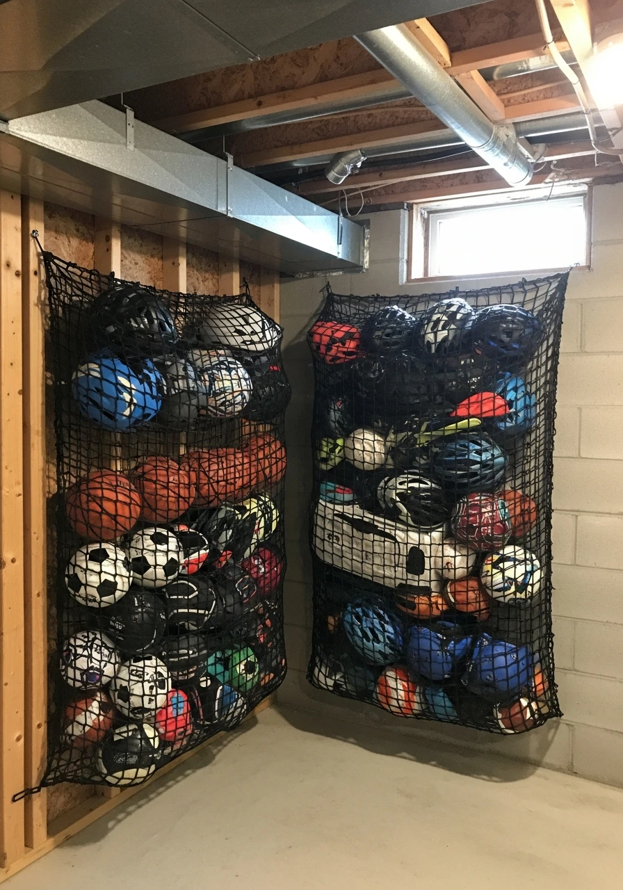 Sports Equipment Nets - 45 Genius Basement Storage Ideas to Tidy Your Space