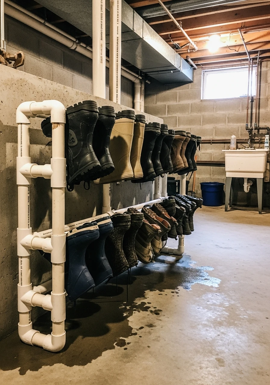 PVC Pipe Boot Organizer - 45 Genius Basement Storage Ideas to Tidy Your Space