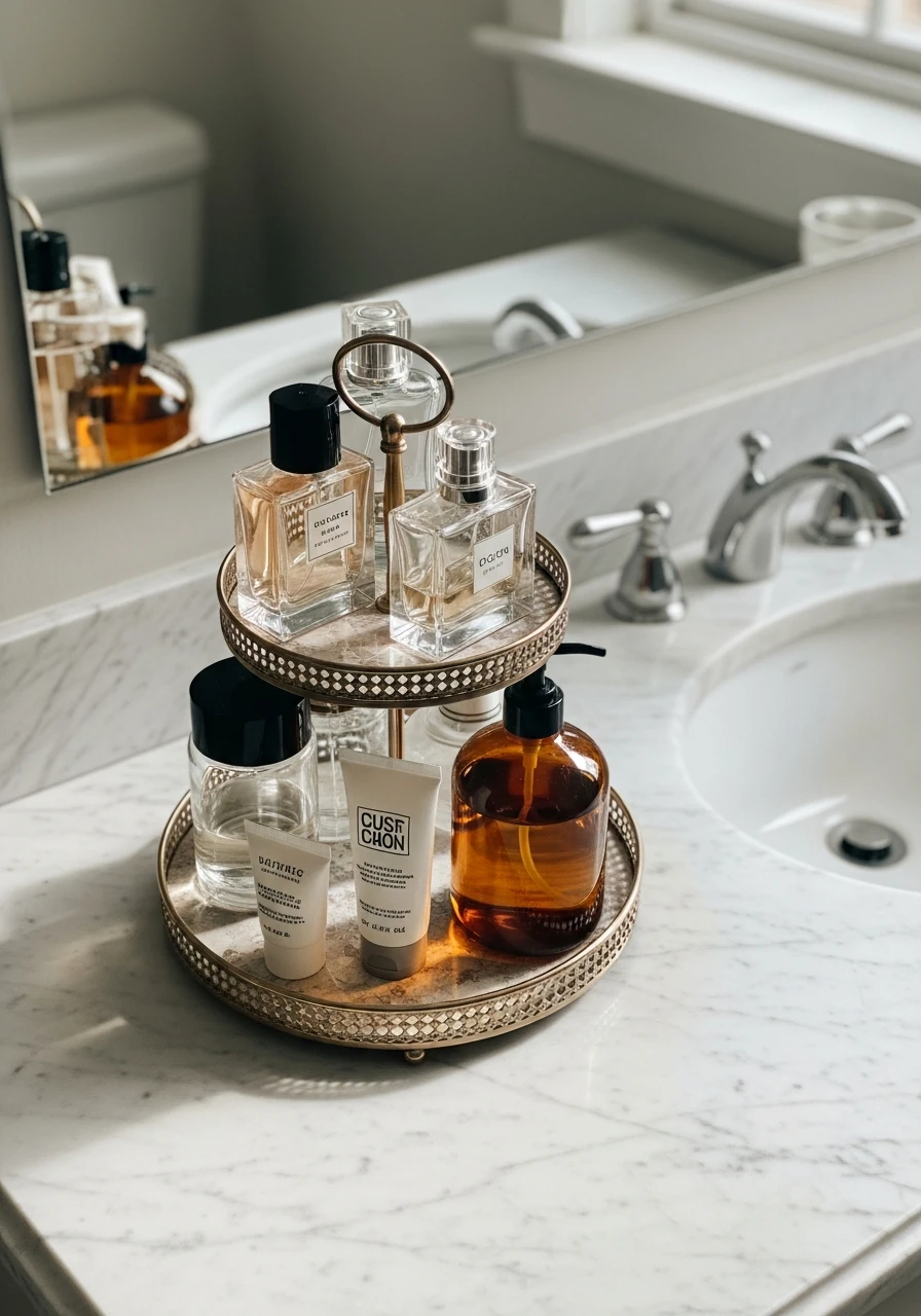 Counter Tiered Trays - 50 Genius Bathroom Storage Ideas That Look Expensive