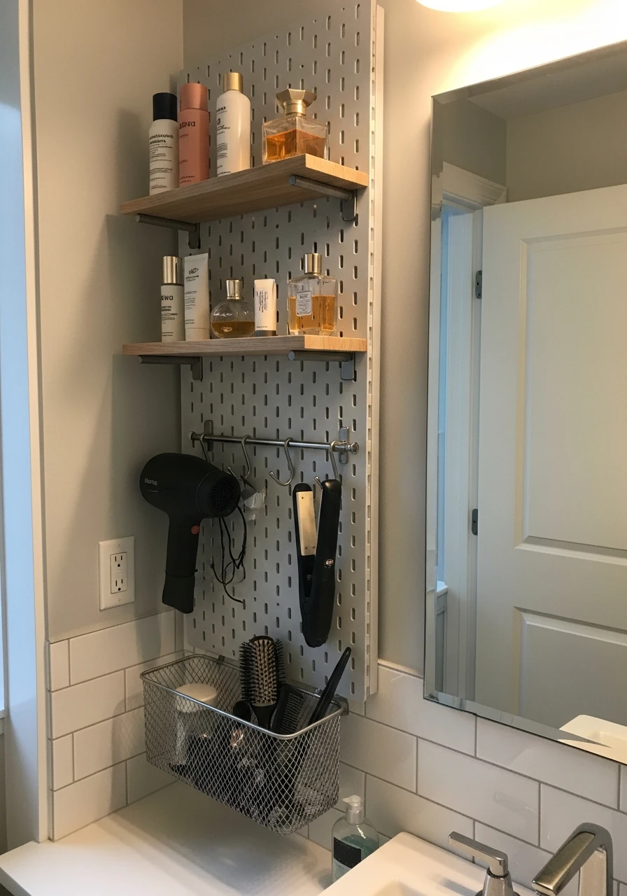 Customizable Pegboard Wall - 50 Genius Bathroom Storage Ideas That Look Expensive