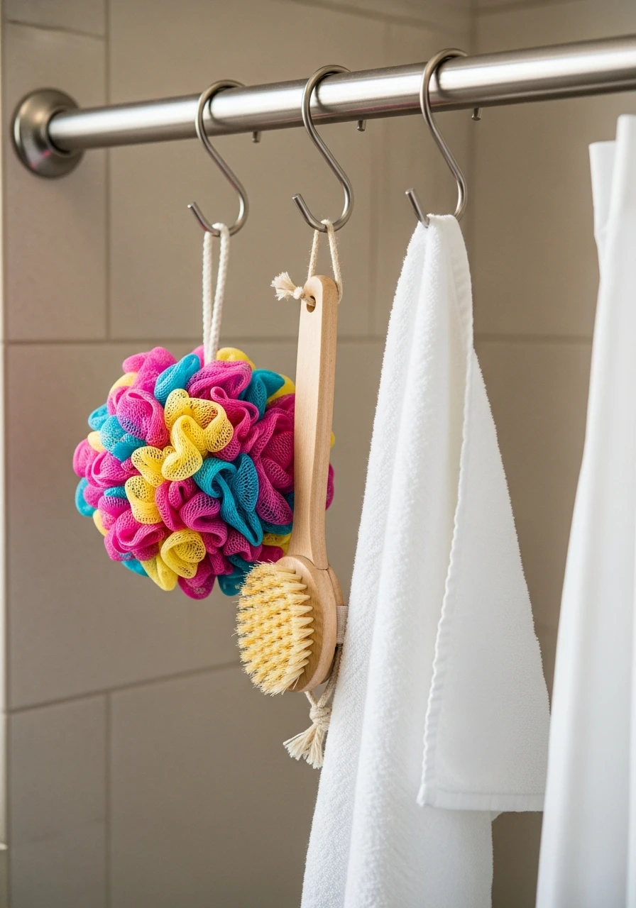 S-Hooks in the Shower - 50 Genius Bathroom Storage Ideas That Look Expensive