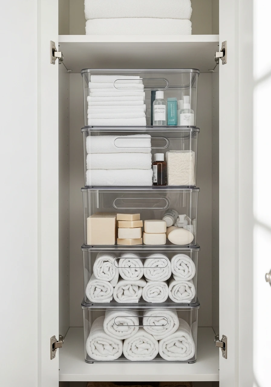 Stackable Storage Bins - 50 Genius Bathroom Storage Ideas That Look Expensive