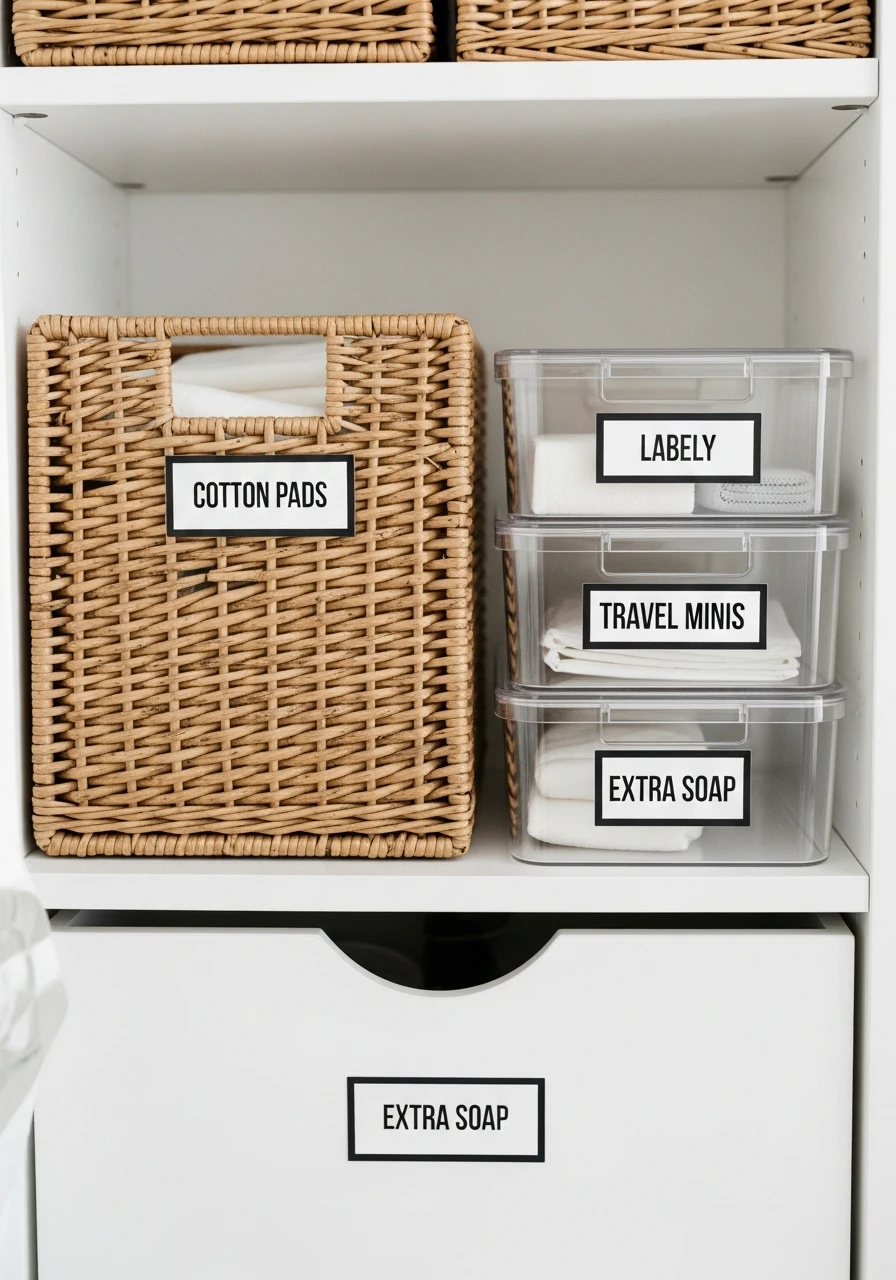 Always Use Labels - 50 Genius Bathroom Storage Ideas That Look Expensive