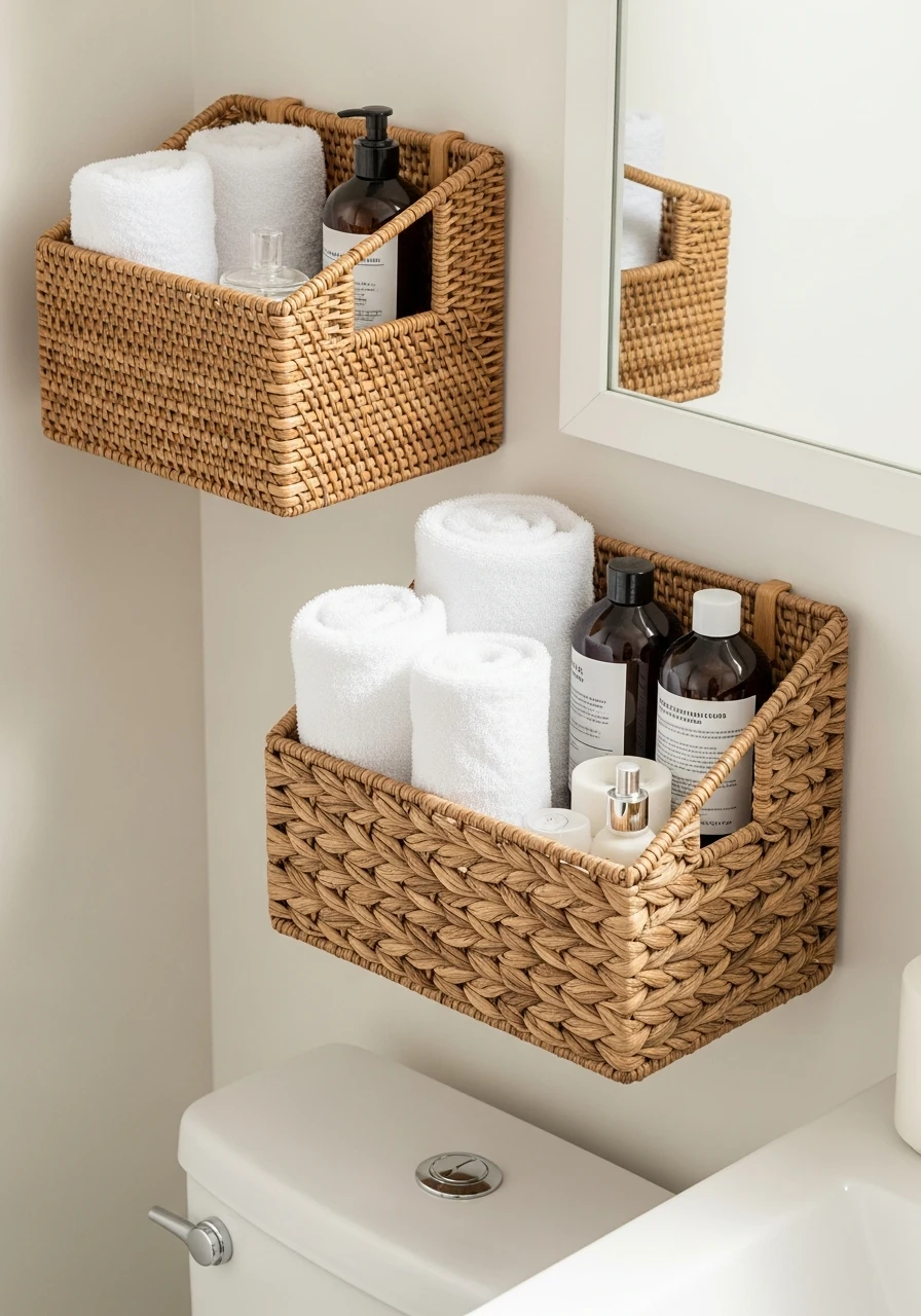 Woven Wall Baskets - 50 Genius Bathroom Storage Ideas That Look Expensive