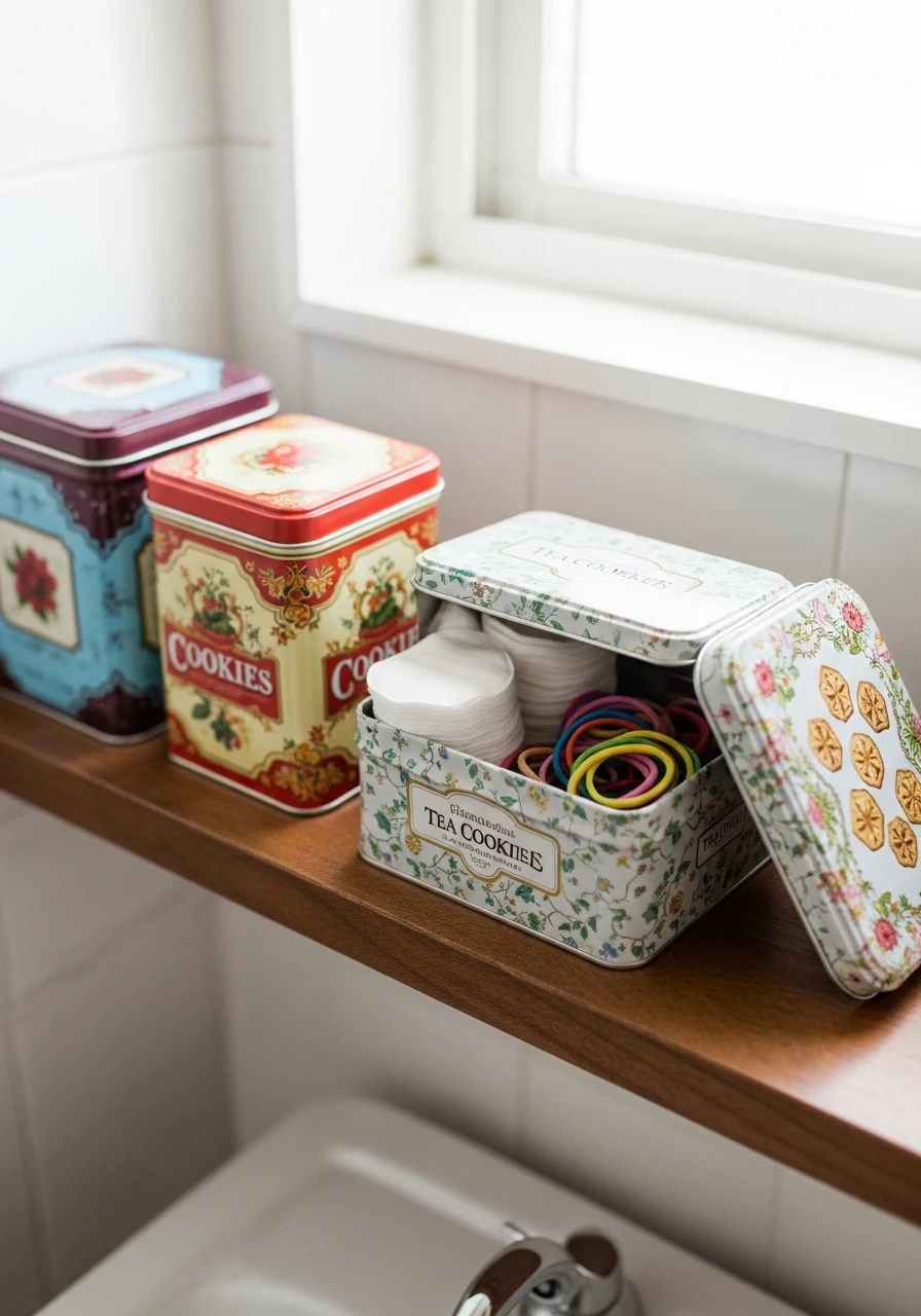 Use Decorative Tins - 50 Genius Bathroom Storage Ideas That Look Expensive