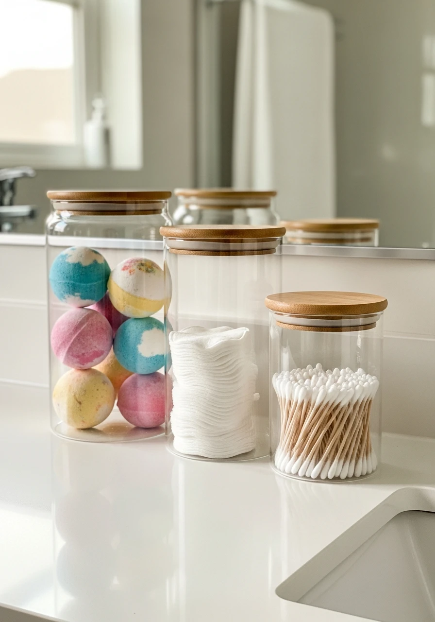 Glass Canisters with Bamboo - 50 Genius Bathroom Storage Ideas That Look Expensive