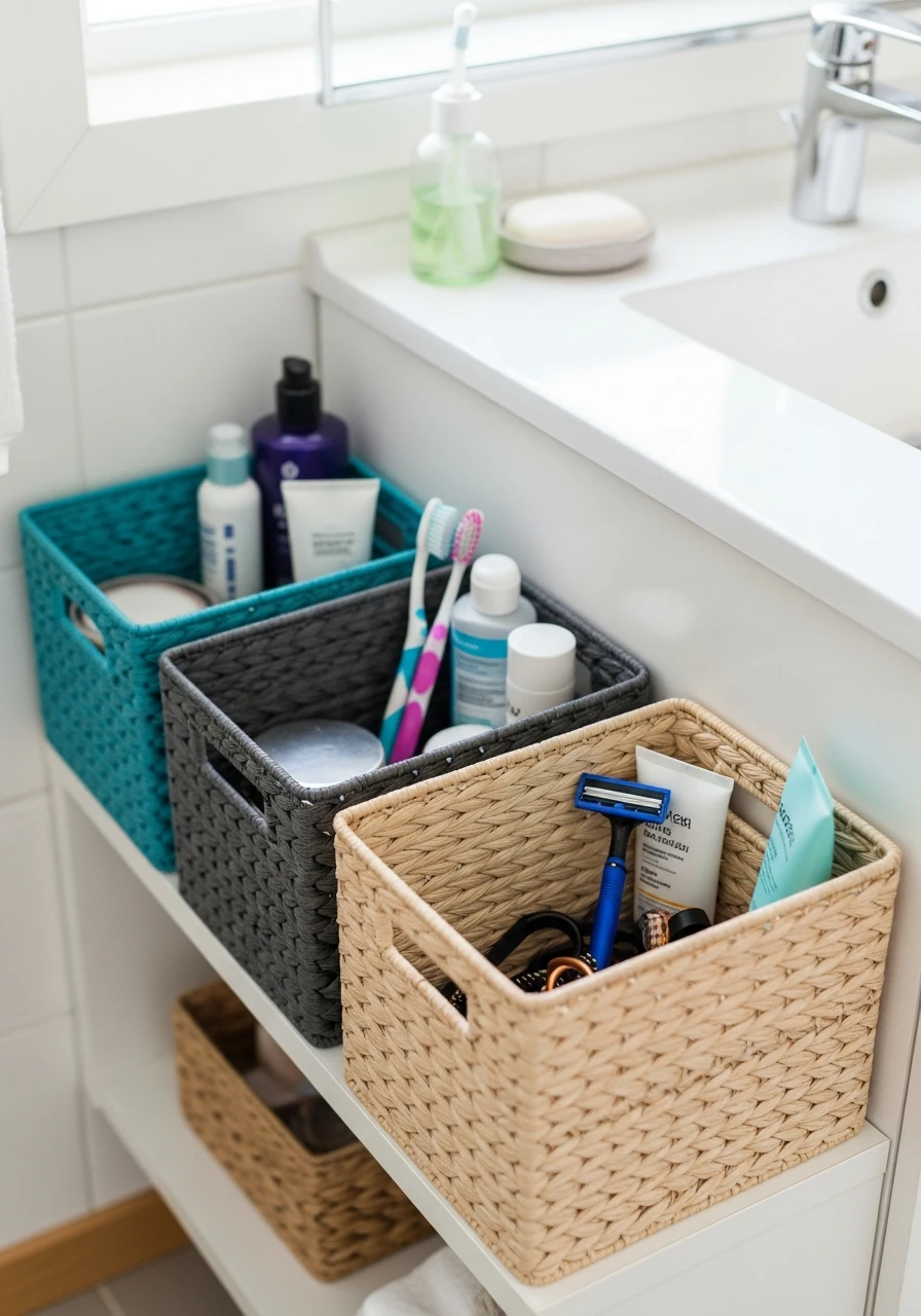 Color-Coded Bins - 50 Genius Bathroom Storage Ideas That Look Expensive