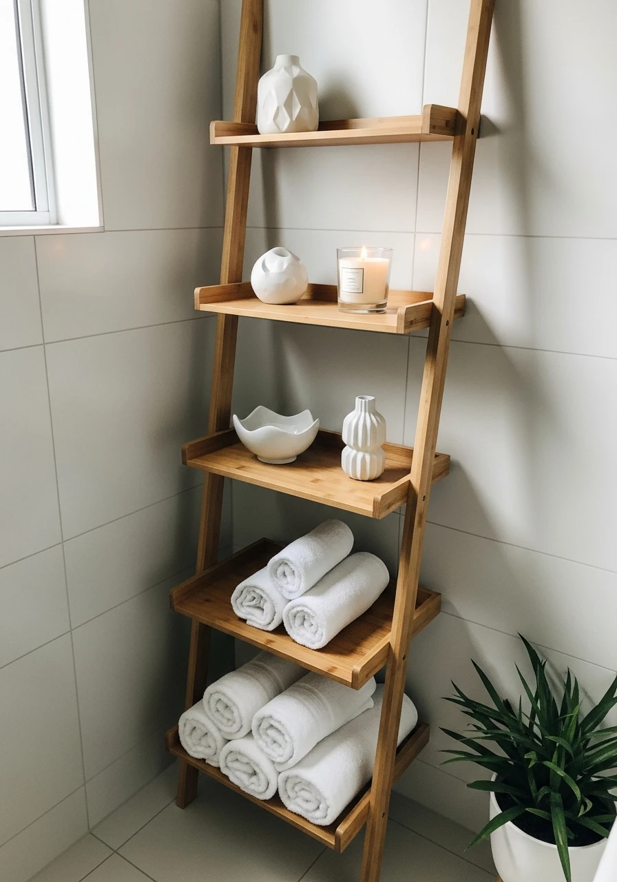 Lean a Ladder Shelf - 50 Genius Bathroom Storage Ideas That Look Expensive