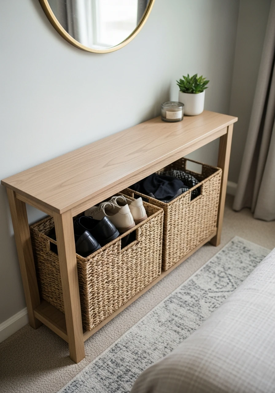 Console Table & Baskets - 50 Brilliant Bedroom Storage Ideas to Get That High-End Look (Without the Clutter)