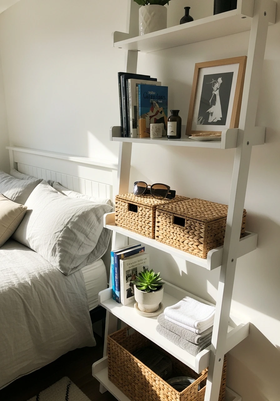 Leaning Ladder Shelf - 50 Brilliant Bedroom Storage Ideas to Get That High-End Look (Without the Clutter)