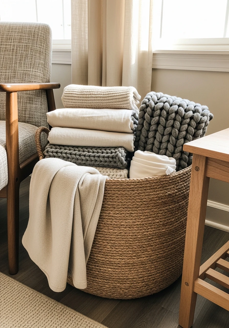 Stylish Woven Basket Dump - 25 Genius Blanket Storage Ideas That Look High-End on a Budget
