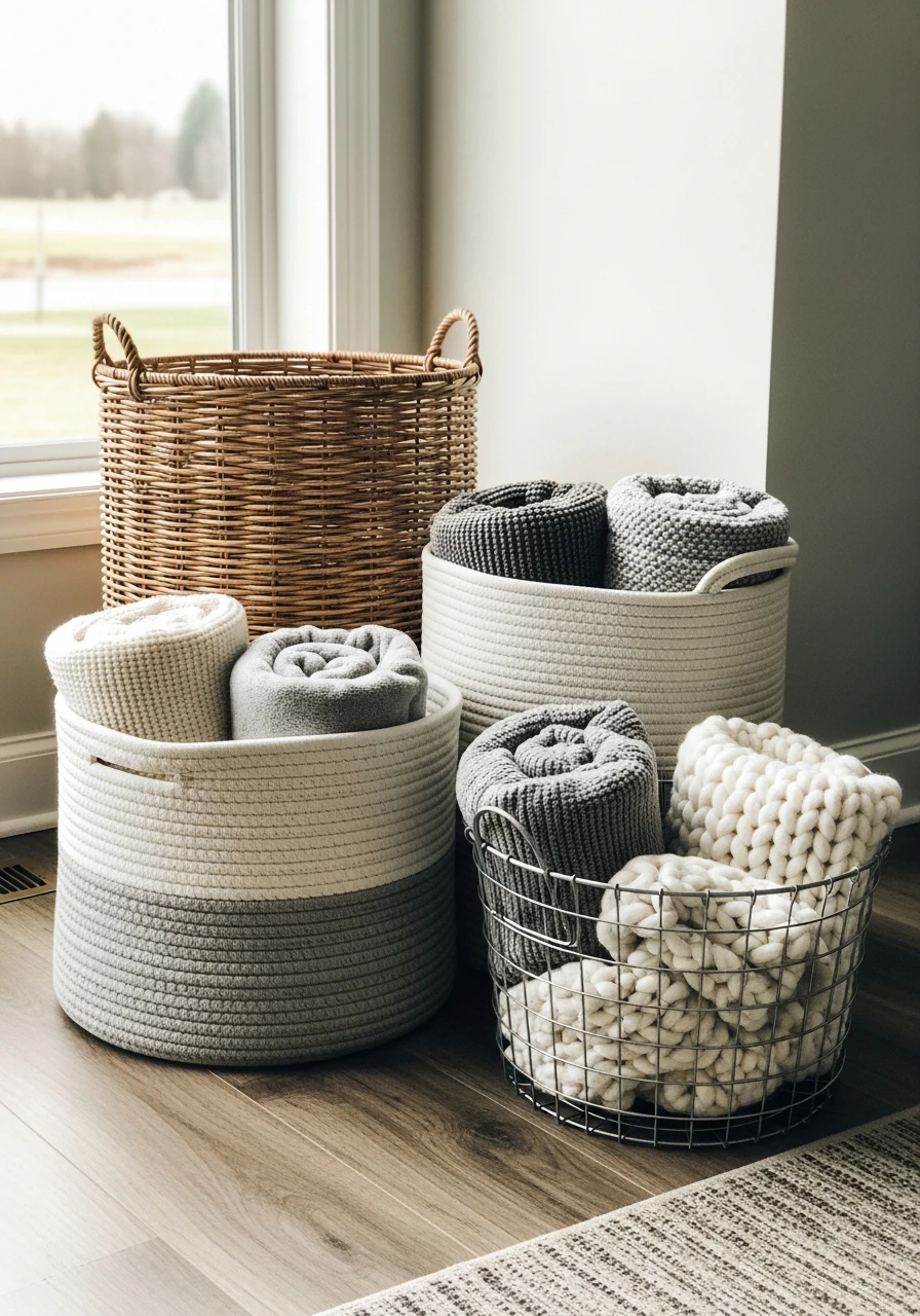 Basket Trio Grouping - 25 Genius Blanket Storage Ideas That Look High-End on a Budget