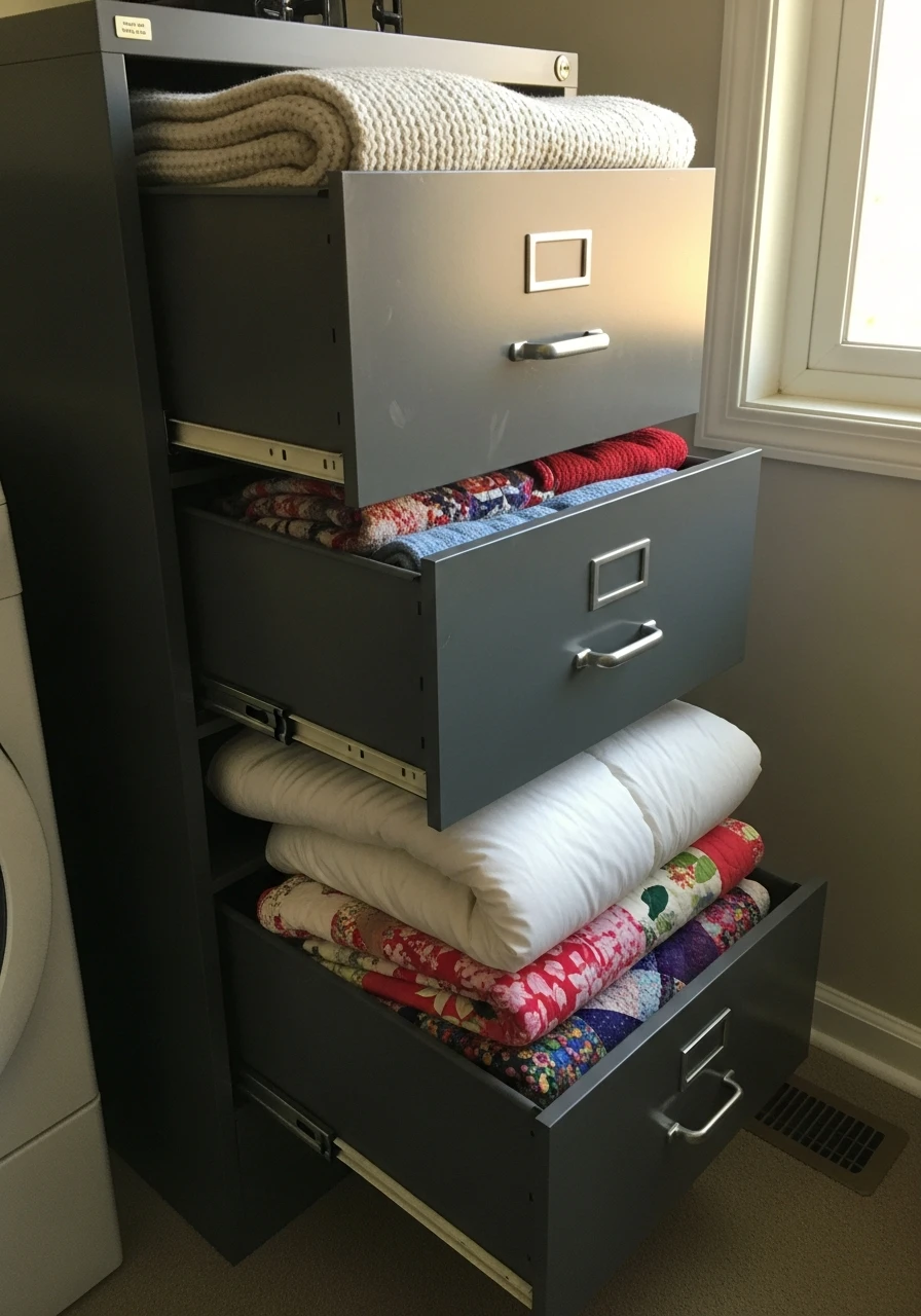 Filing Cabinet Repurpose - 25 Genius Blanket Storage Ideas That Look High-End on a Budget