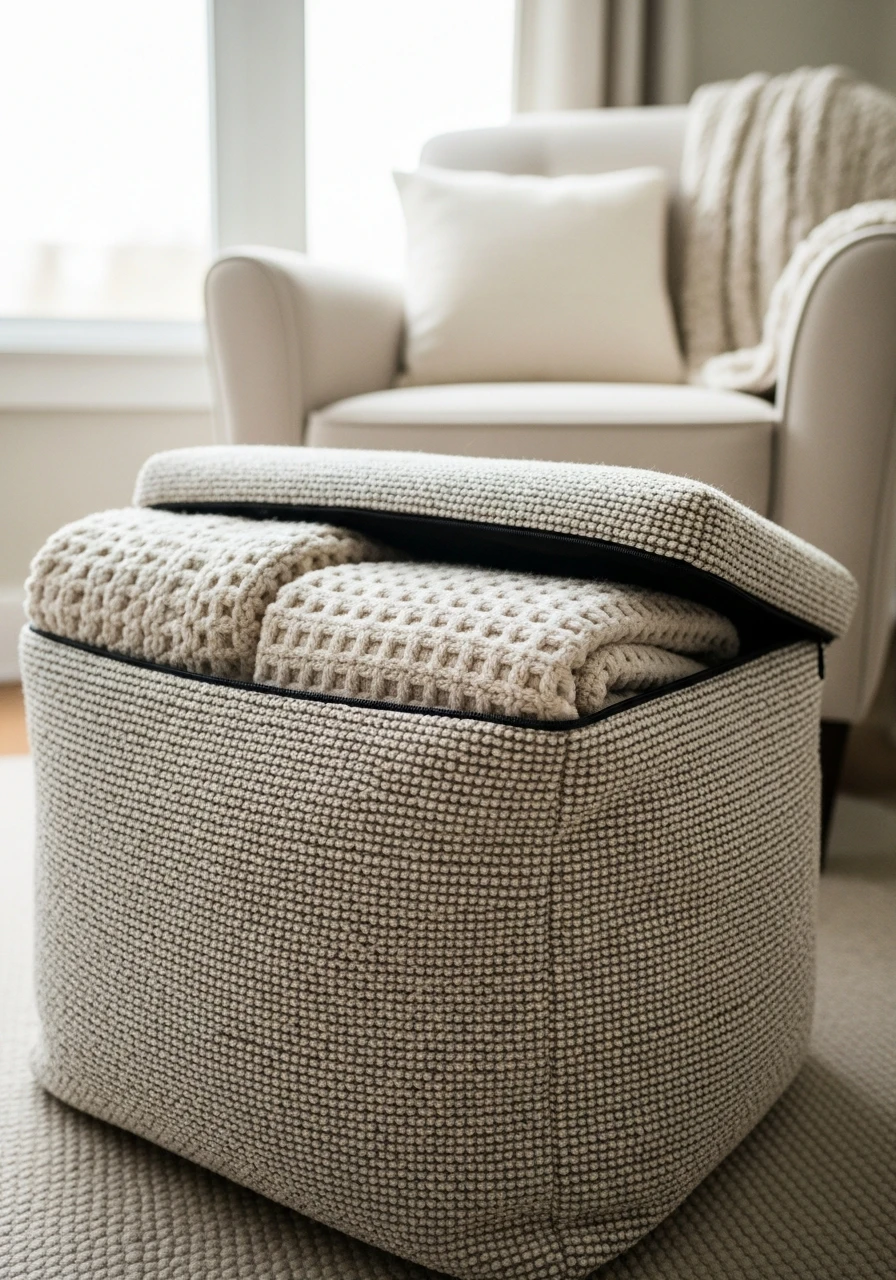 Dual-Use Storage Pouf - 25 Genius Blanket Storage Ideas That Look High-End on a Budget