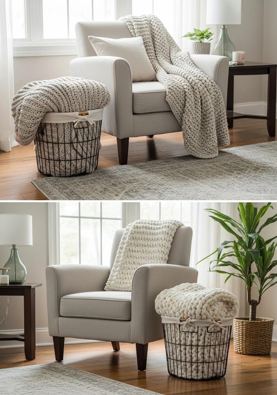 Small Chairside Baskets - 25 Genius Blanket Storage Ideas That Look High-End on a Budget