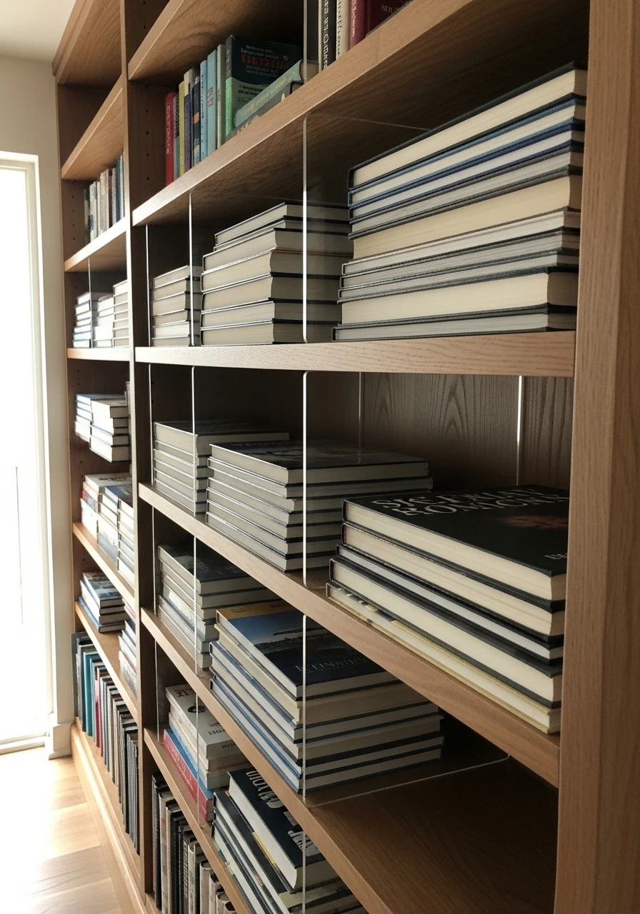 Acrylic Shelf Dividers - 45 Genius Book Storage Ideas for a Tidy, High-End Look