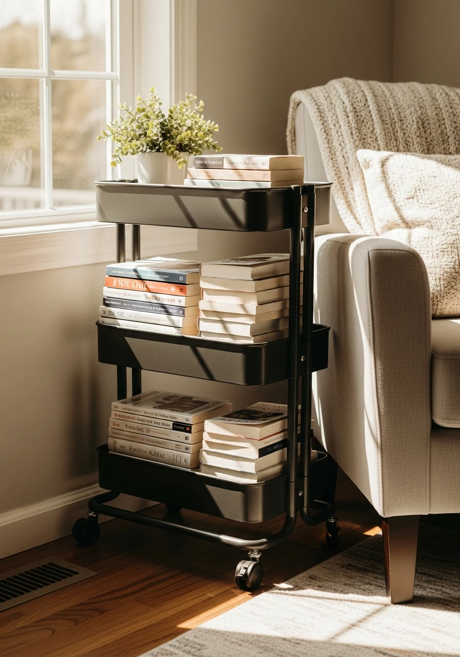 Rolling Utility Cart - 45 Genius Book Storage Ideas for a Tidy, High-End Look