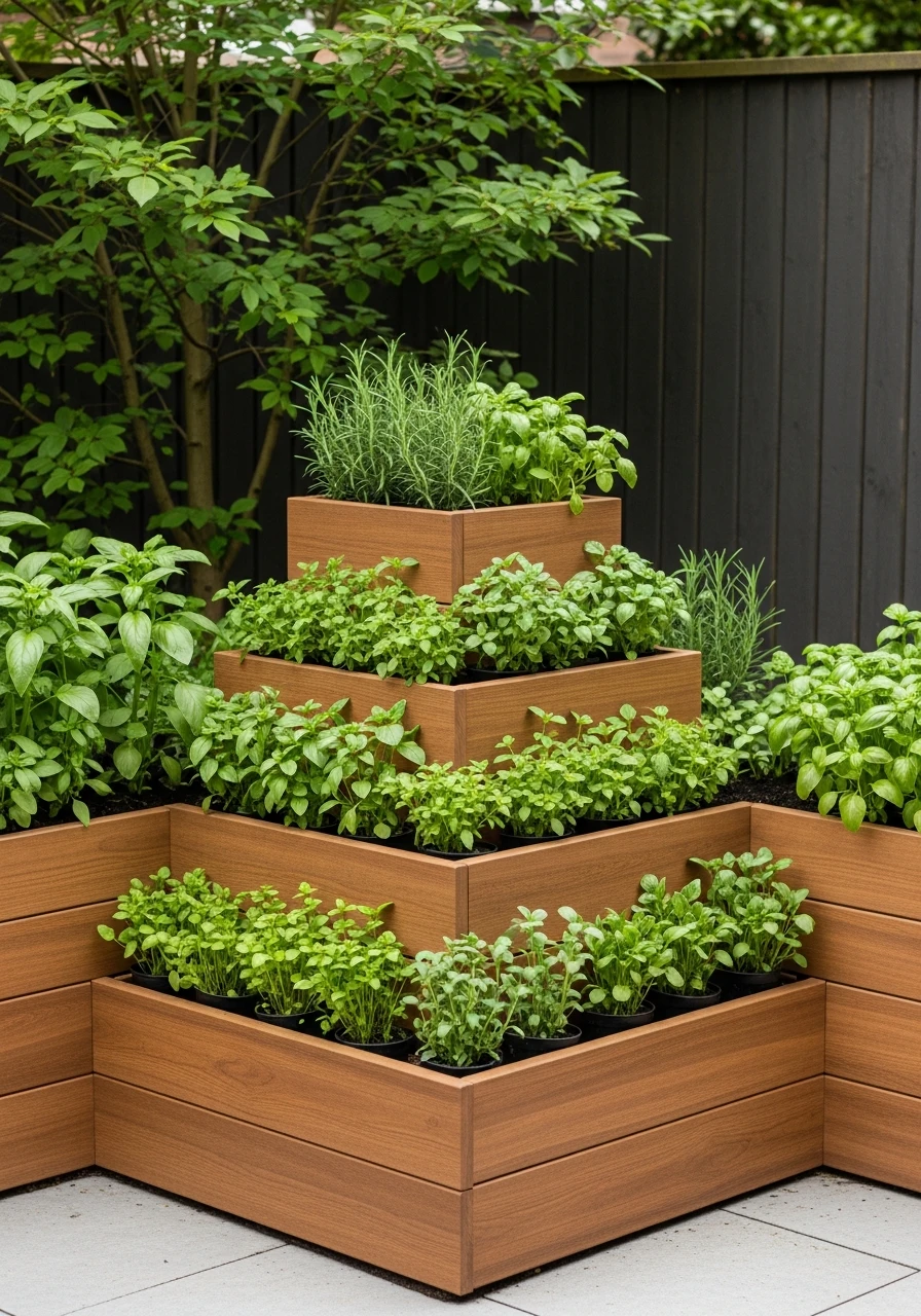 Corner Herb Garden with Tiered Planters