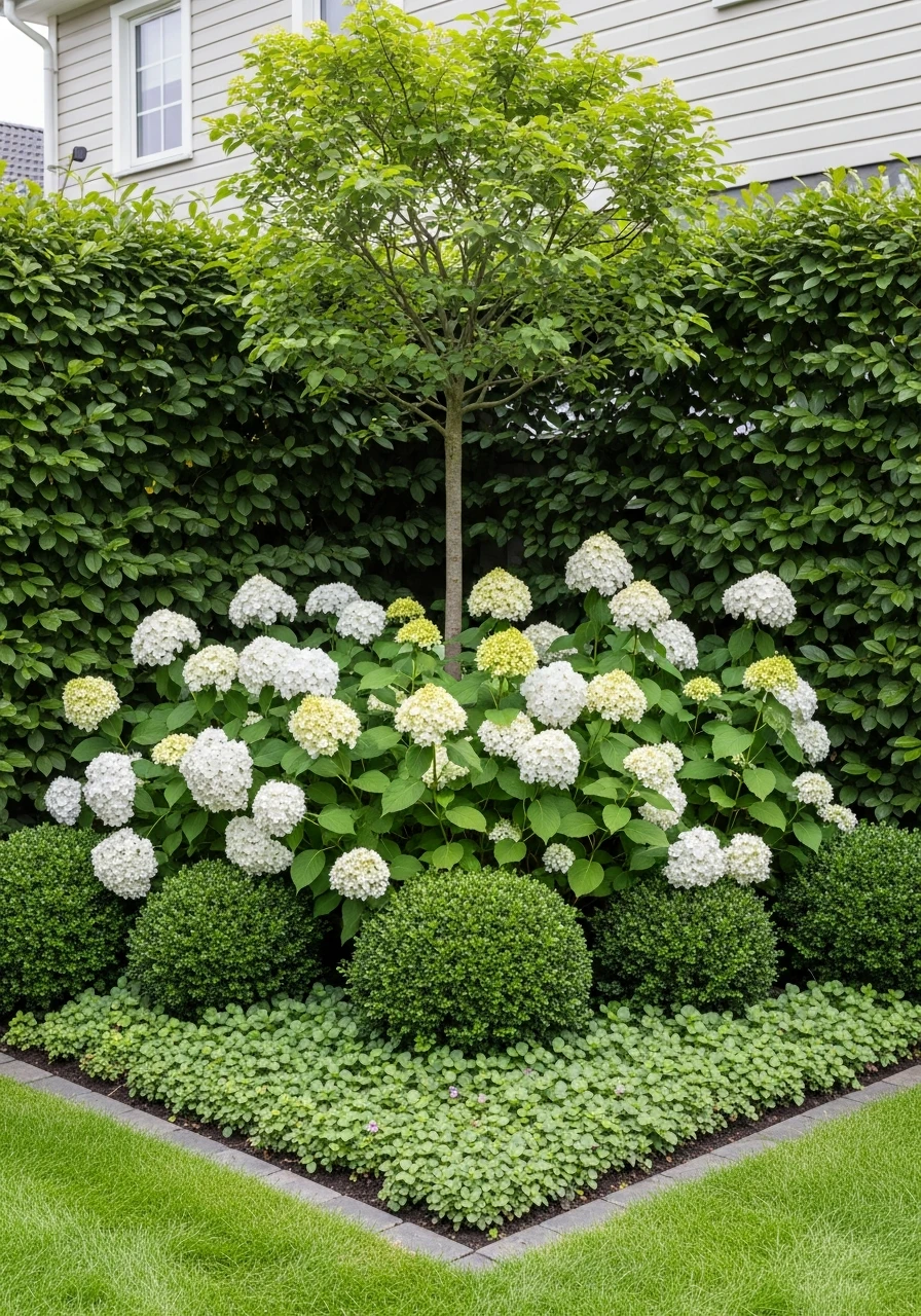 Hydrangea and Shrub Layered Corner Garden