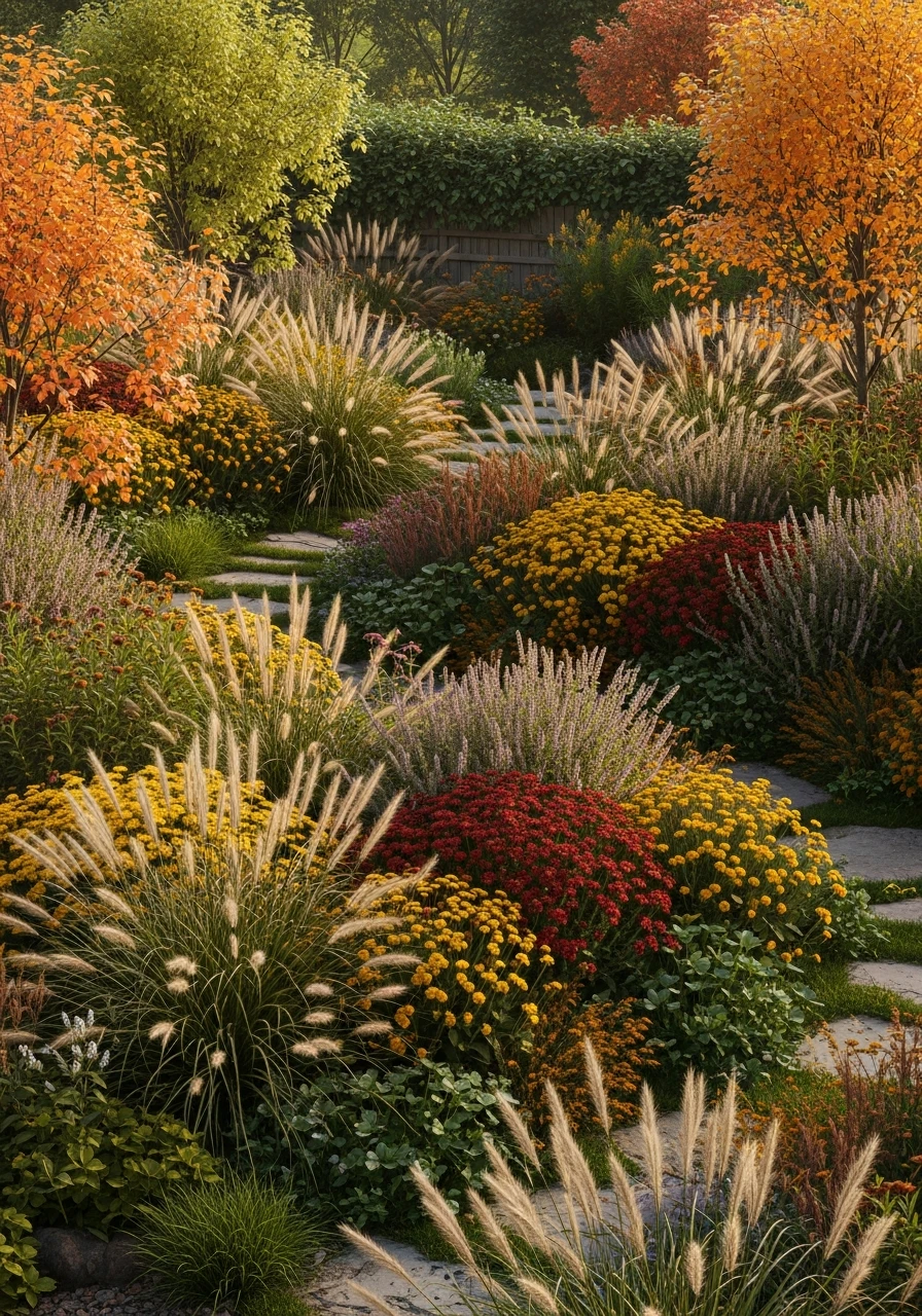 Autumn Cottage Garden With Ornamental Grasses