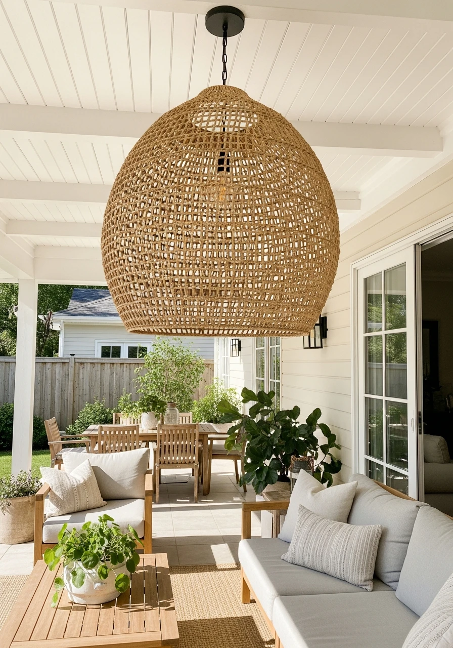 Hang A Wicker Pendant - 45 Budget-Friendly Covered Patio Ideas That Look High-End