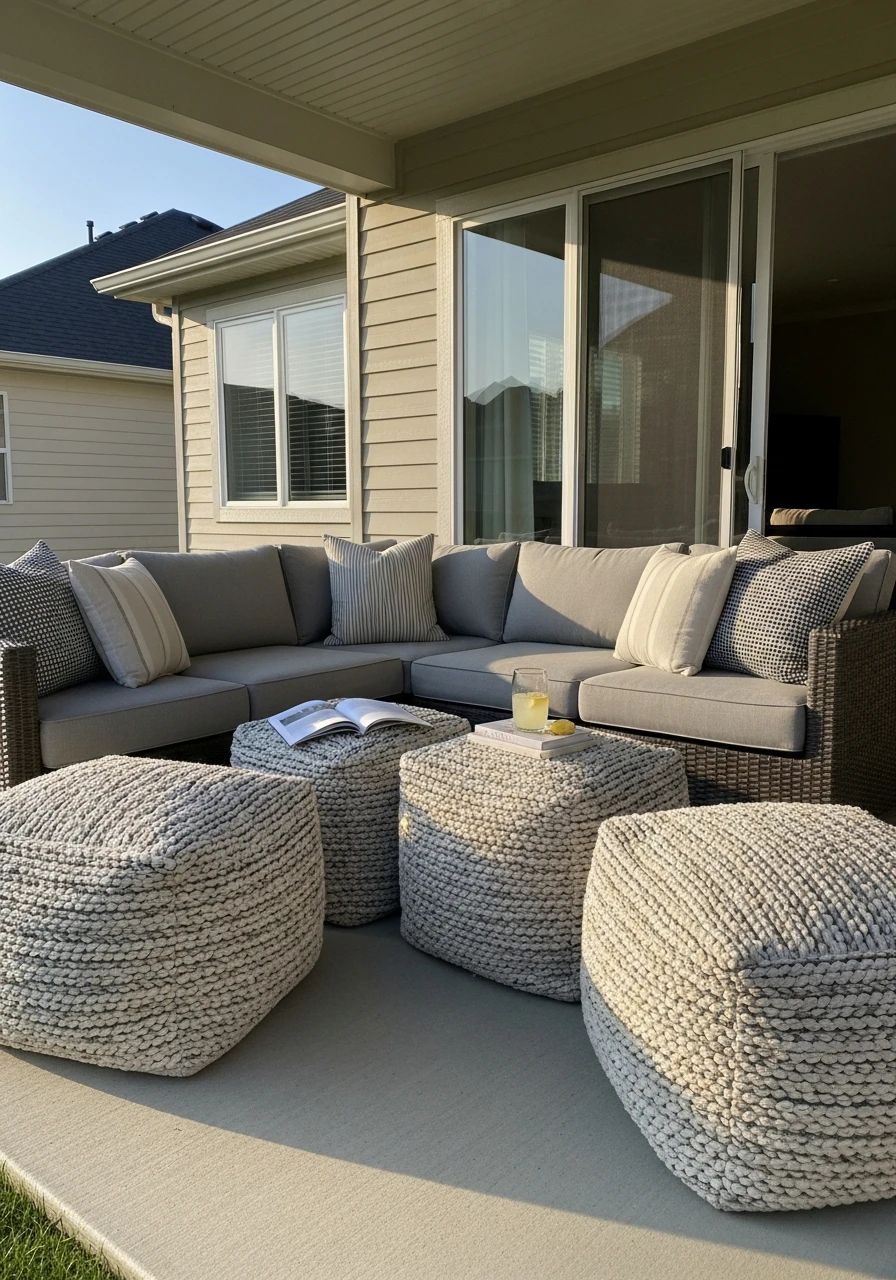 Use Outdoor Poufs - 45 Budget-Friendly Covered Patio Ideas That Look High-End