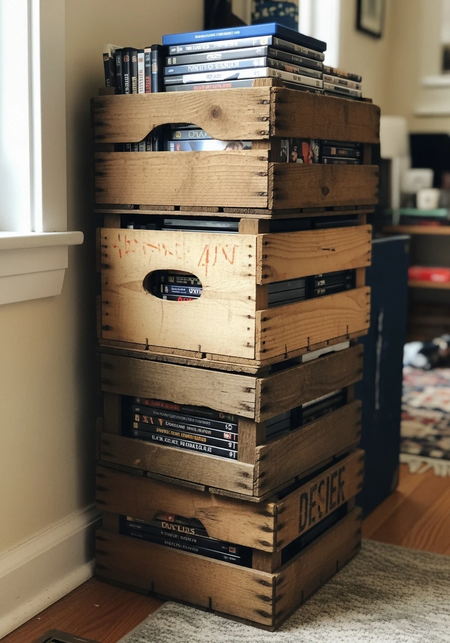 Vintage Crates - 34 DVD Storage Ideas That Look High-End (Without the High Price Tag!)