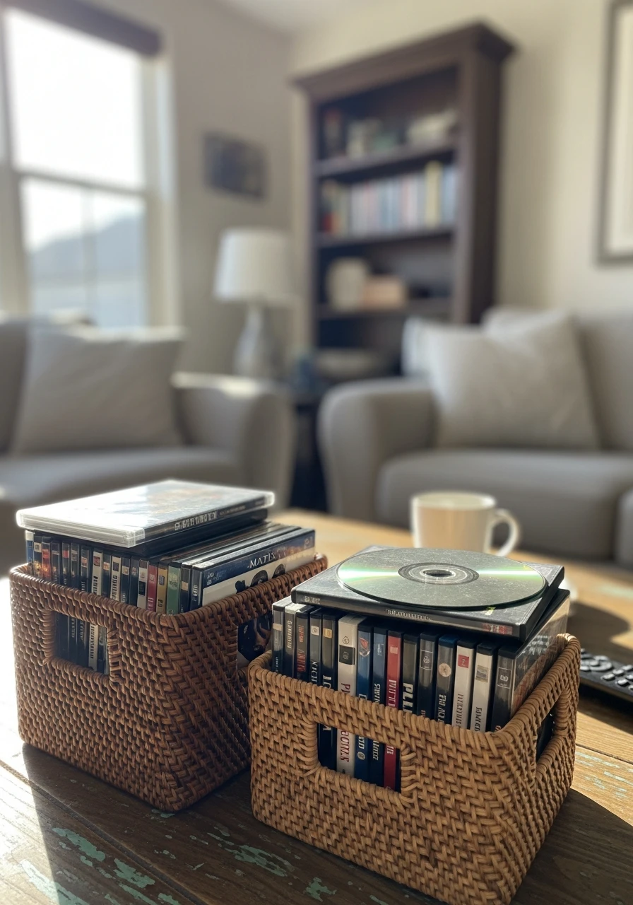 Woven Baskets - 34 DVD Storage Ideas That Look High-End (Without the High Price Tag!)