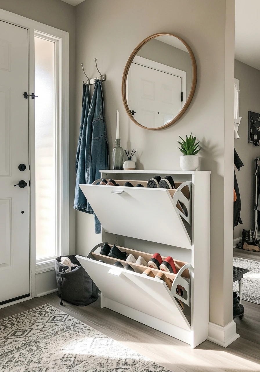 Tilt-Out Slim Shoe Cabinet - 50 Brilliant Entry Way Shoe Storage Ideas for a Tidy Home