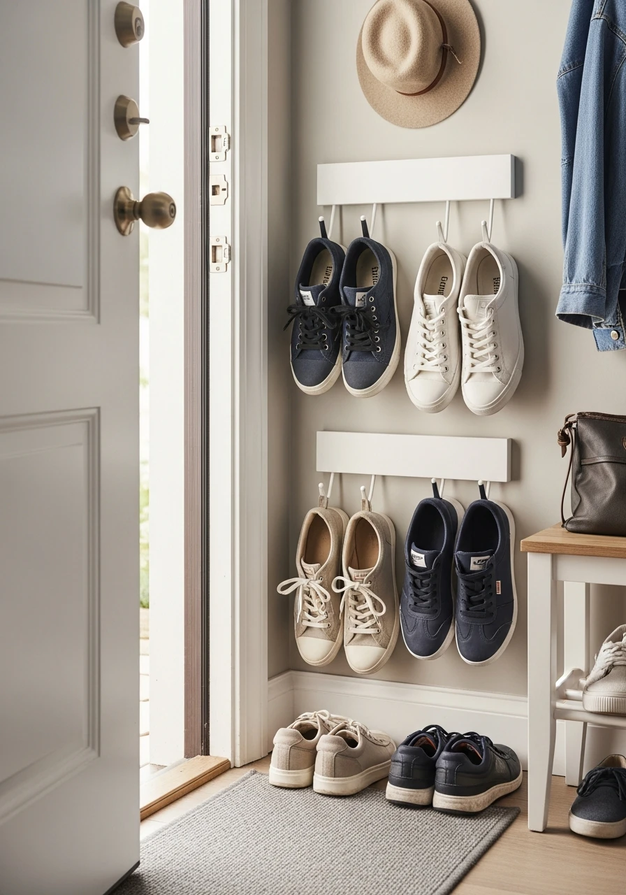 Wall-Mounted Shoe Hooks - 50 Brilliant Entry Way Shoe Storage Ideas for a Tidy Home