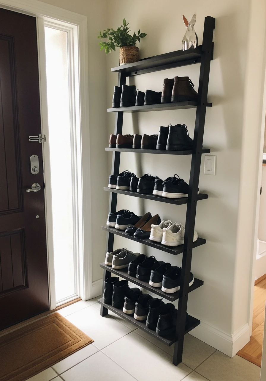 Leaning Ladder Shoe Shelf - 50 Brilliant Entry Way Shoe Storage Ideas for a Tidy Home