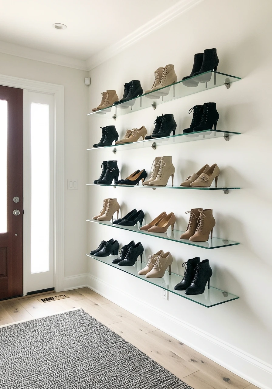 Glass Shelf Shoe Display - 50 Brilliant Entry Way Shoe Storage Ideas for a Tidy Home