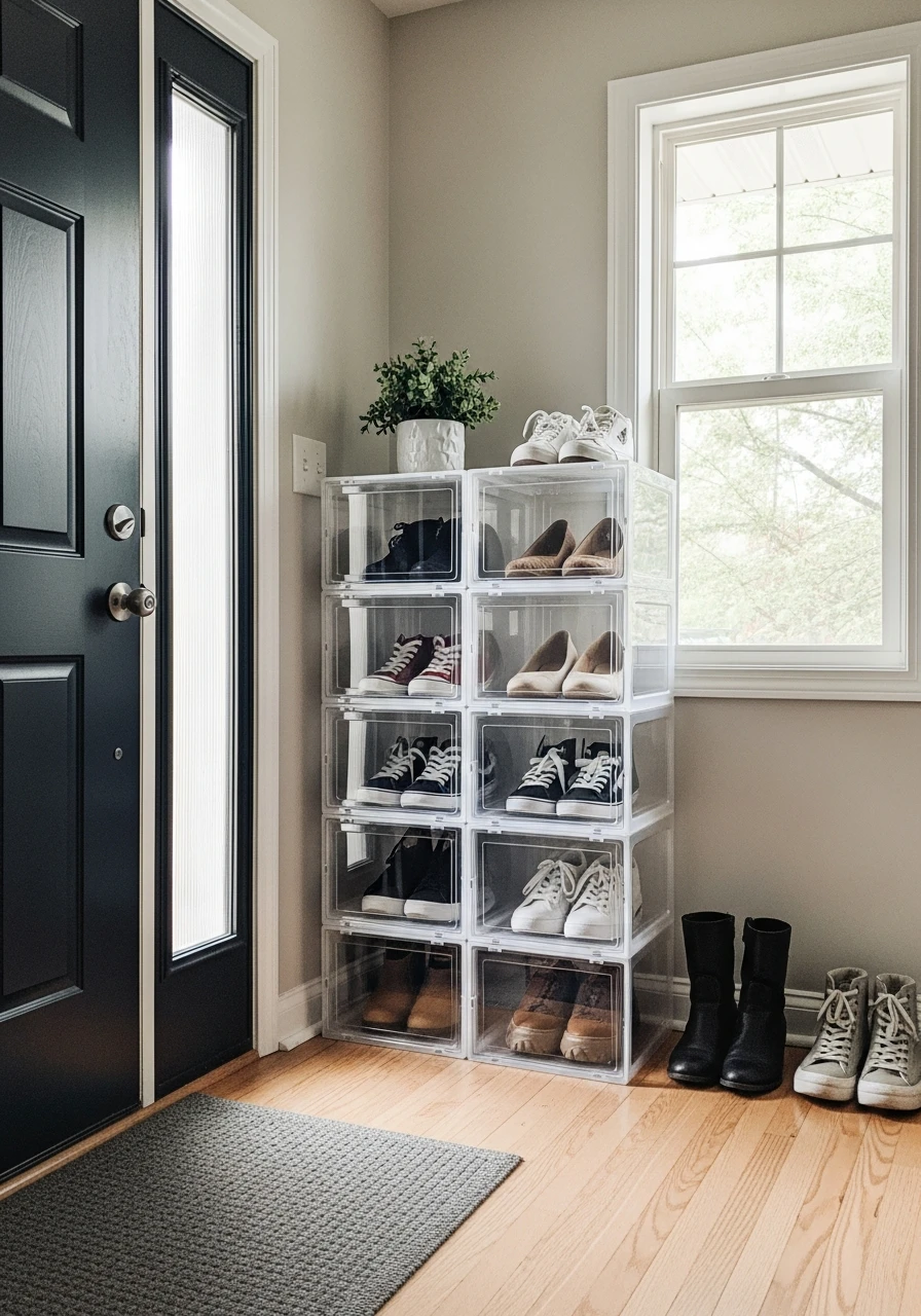 Stackable Clear Shoe Bins - 50 Brilliant Entry Way Shoe Storage Ideas for a Tidy Home