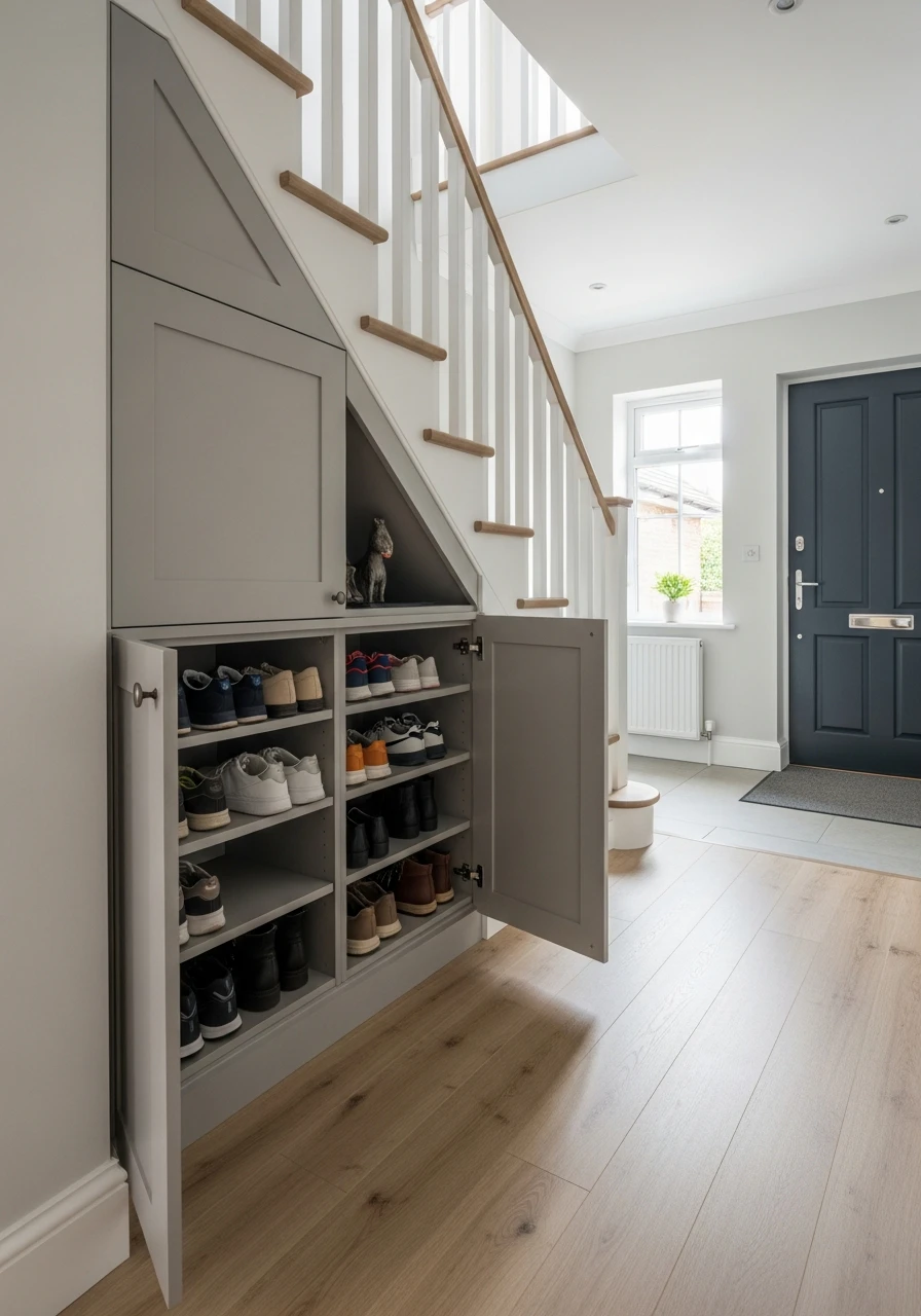Under-Stairs Shoe Storage Wall - 50 Brilliant Entry Way Shoe Storage Ideas for a Tidy Home
