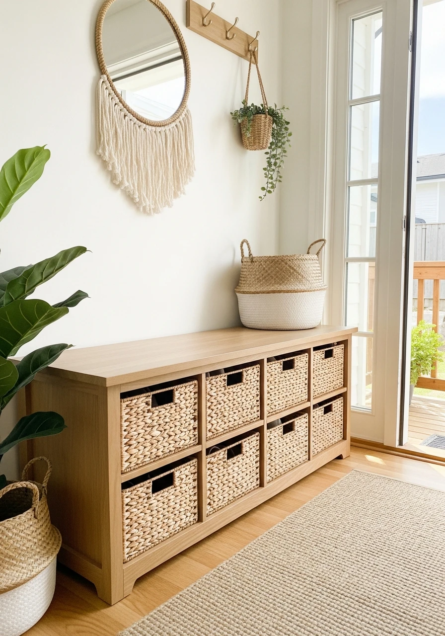 Coastal Basket Shoe Storage Bench - 50 Brilliant Entry Way Shoe Storage Ideas for a Tidy Home
