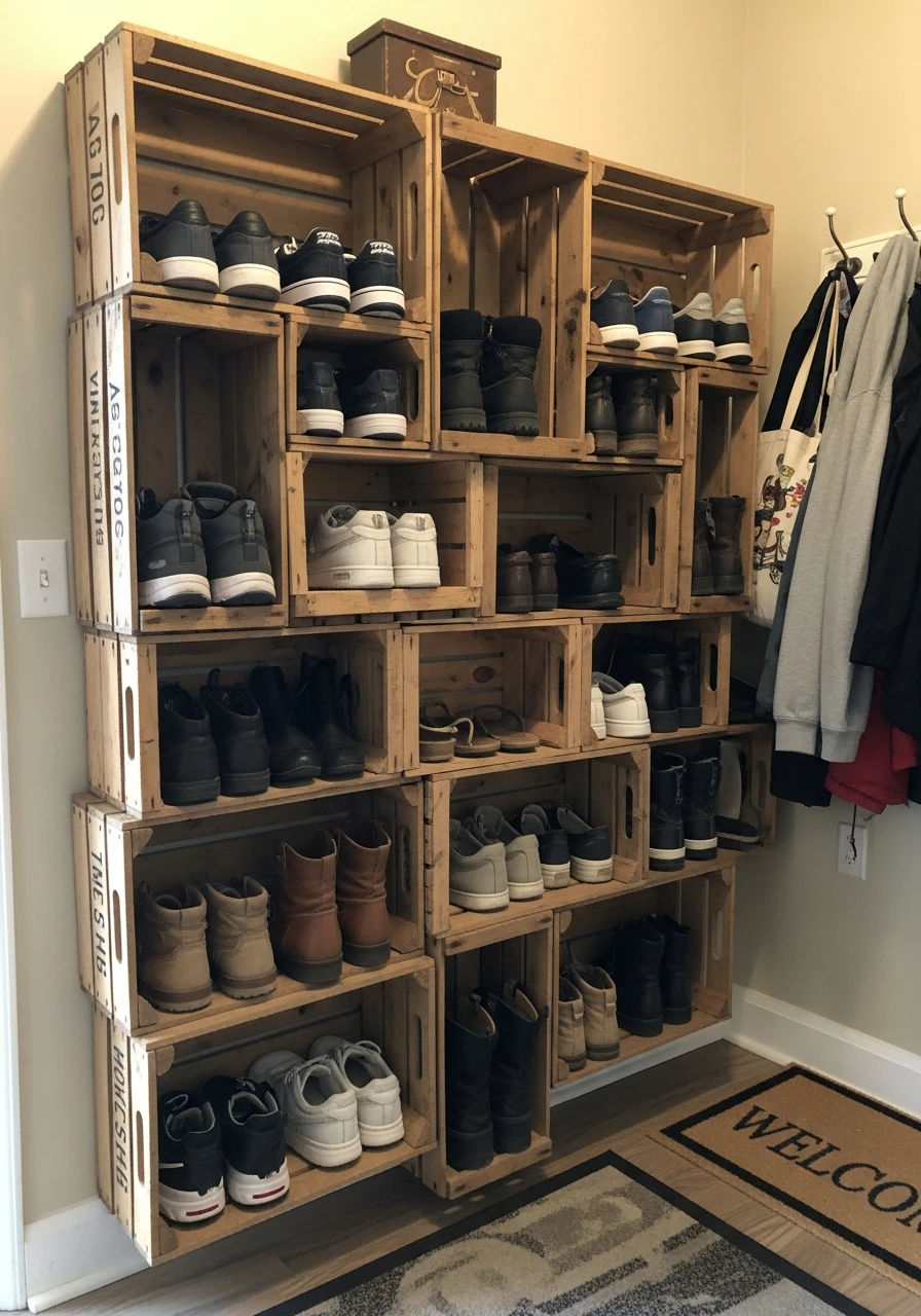 DIY Wooden Crate Shoe Storage Wall - 50 Brilliant Entry Way Shoe Storage Ideas for a Tidy Home