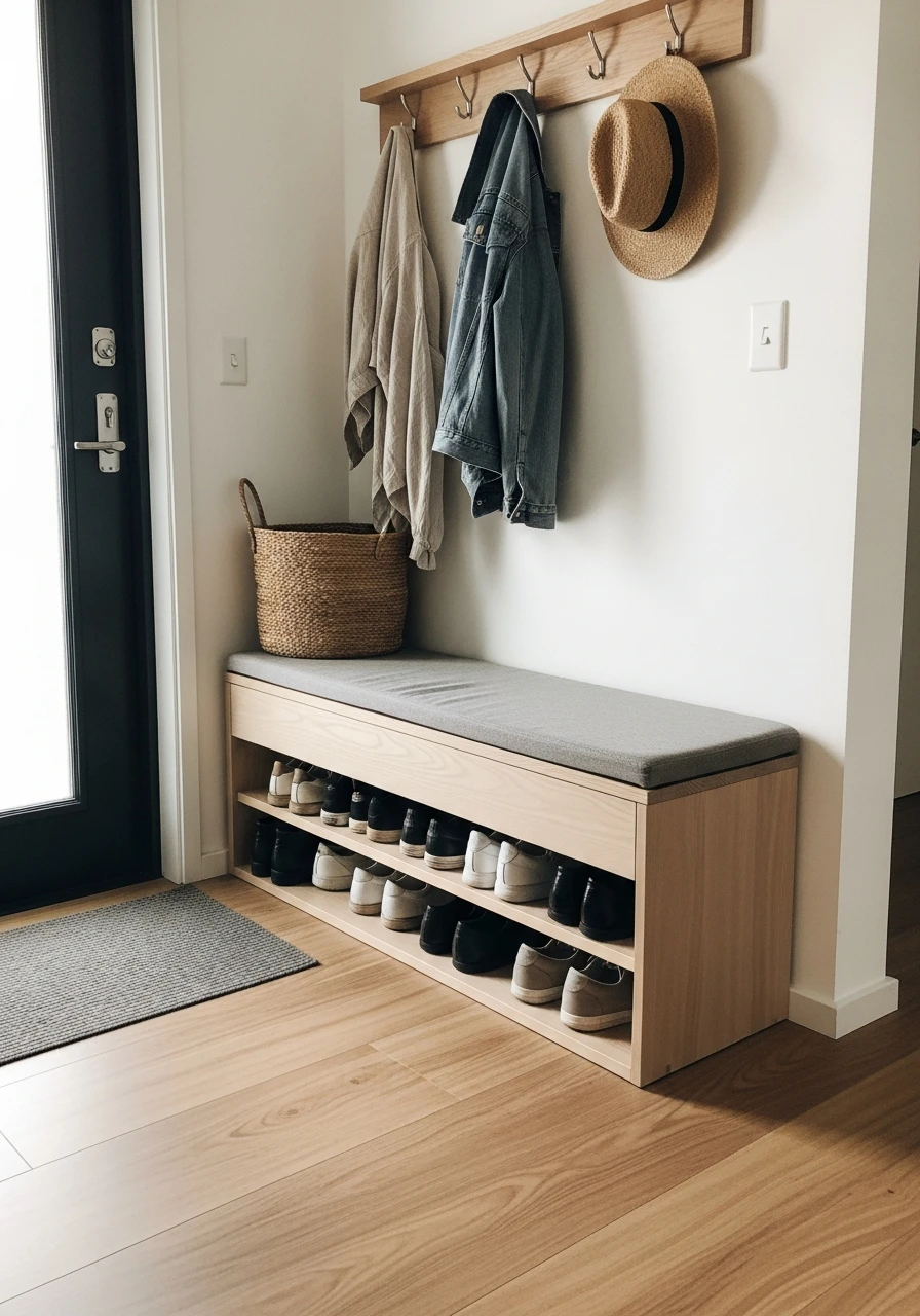 Japandi Minimal Storage Bench - 50 Brilliant Entry Way Shoe Storage Ideas for a Tidy Home