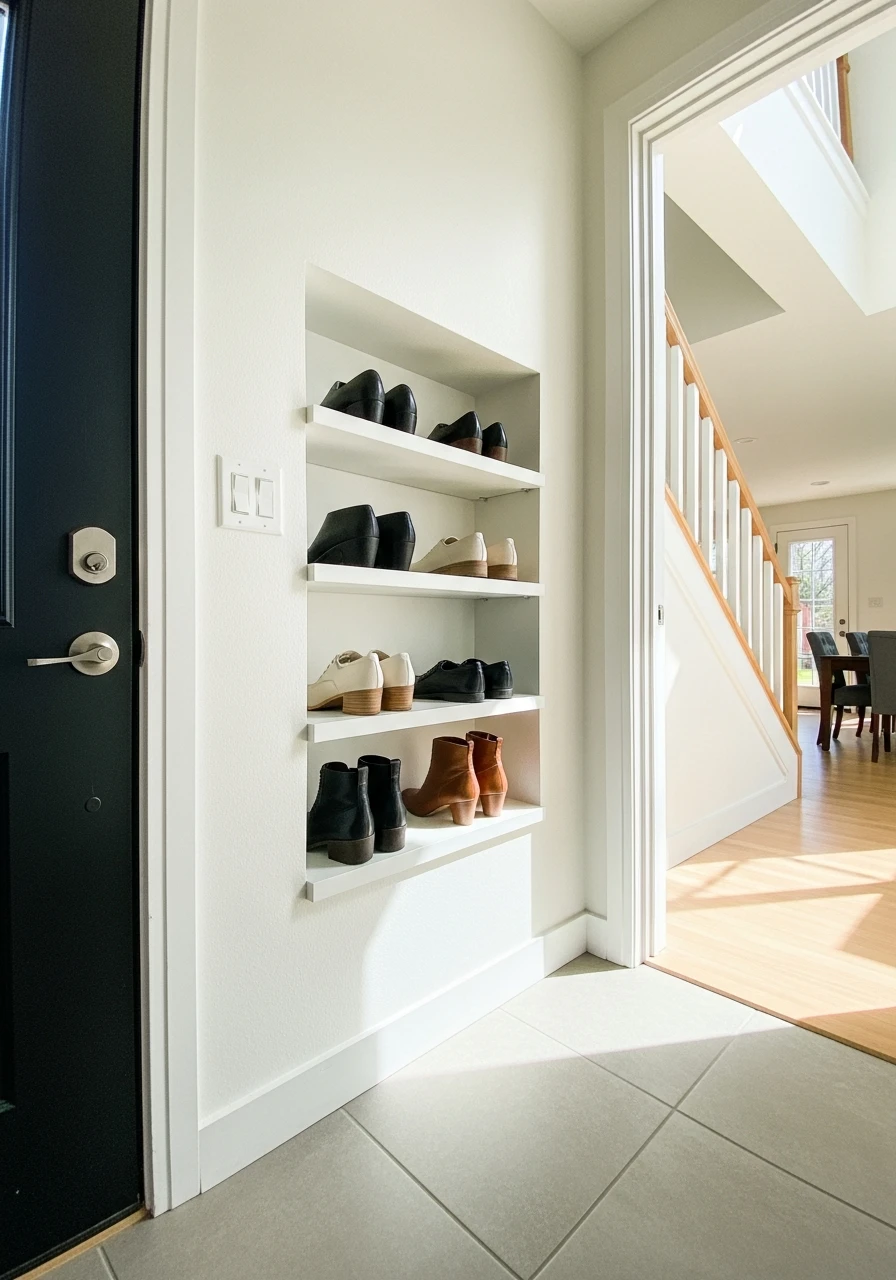 Floating Shelf Shoe Niche - 50 Brilliant Entry Way Shoe Storage Ideas for a Tidy Home