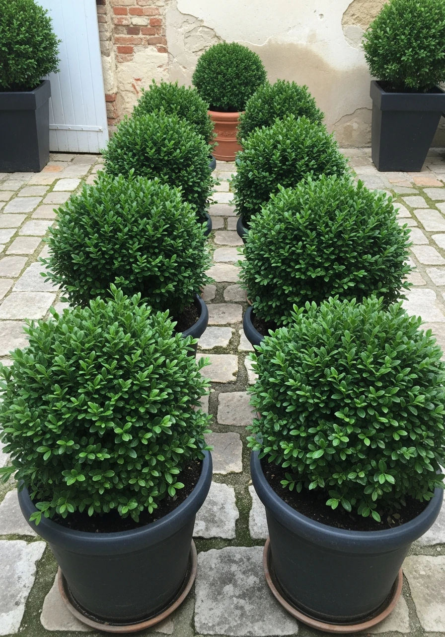 Symmetrical Potted Boxwood - French Courtyard Garden Ideas: Create Your Own Dream Escape