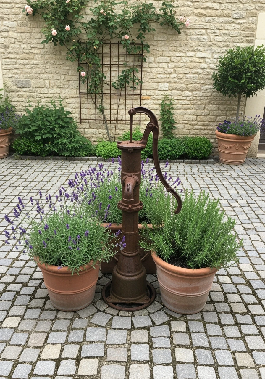 Cobblestone & Water Pump - French Courtyard Garden Ideas: Create Your Own Dream Escape