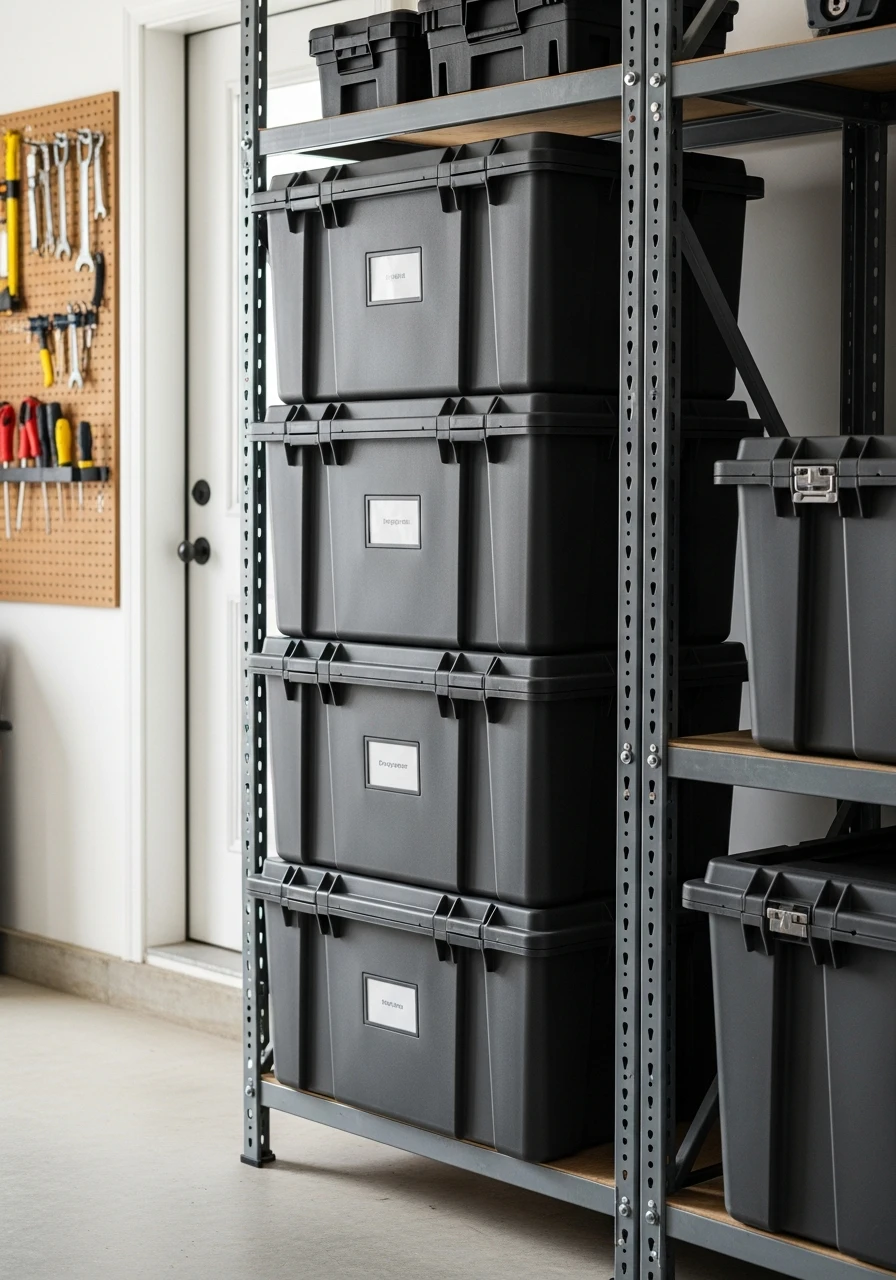 Stackable Weatherproof Totes - 50 Genius Garage Organization Ideas That Actually Work