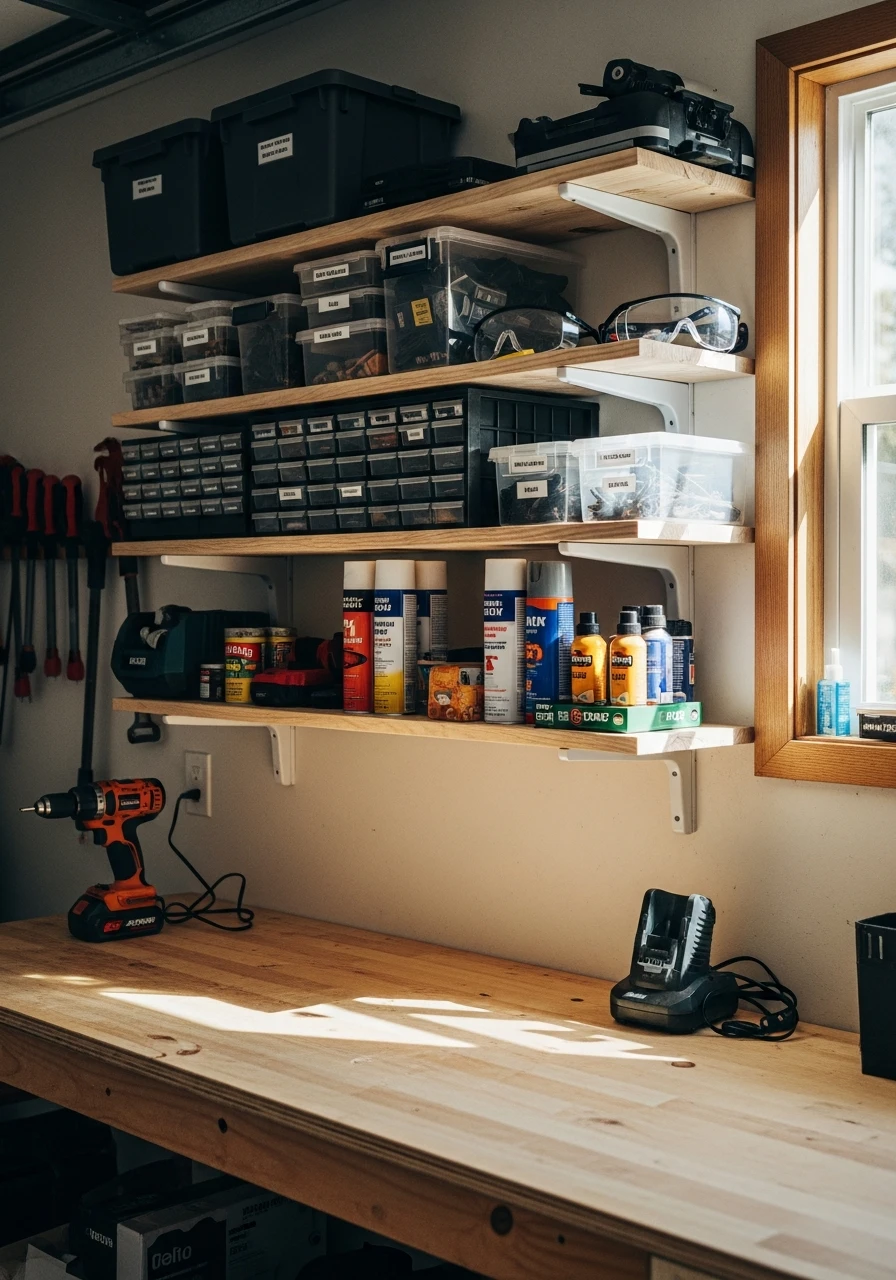 Floating Shelves Above Work - 50 Genius Garage Organization Ideas That Actually Work
