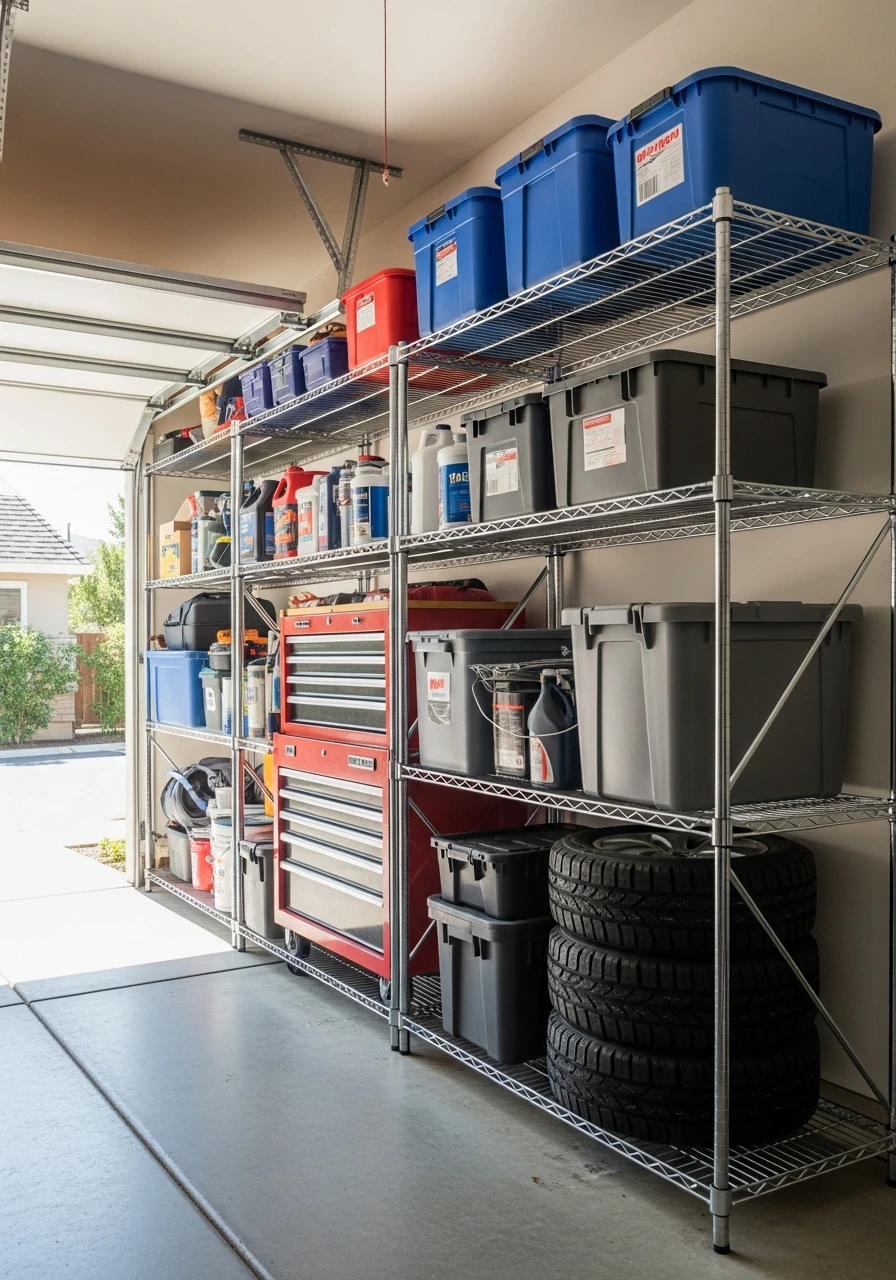 Industrial Wire Shelving - 50 Genius Garage Organization Ideas That Actually Work