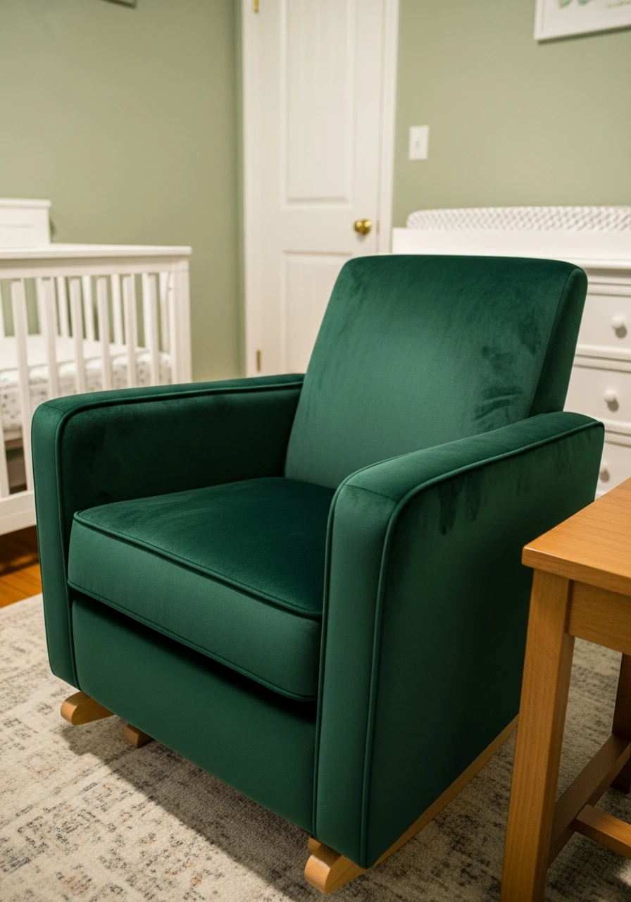 Green Velvet Rocker - 35 Budget-Friendly Ideas for the Perfect Green Nursery